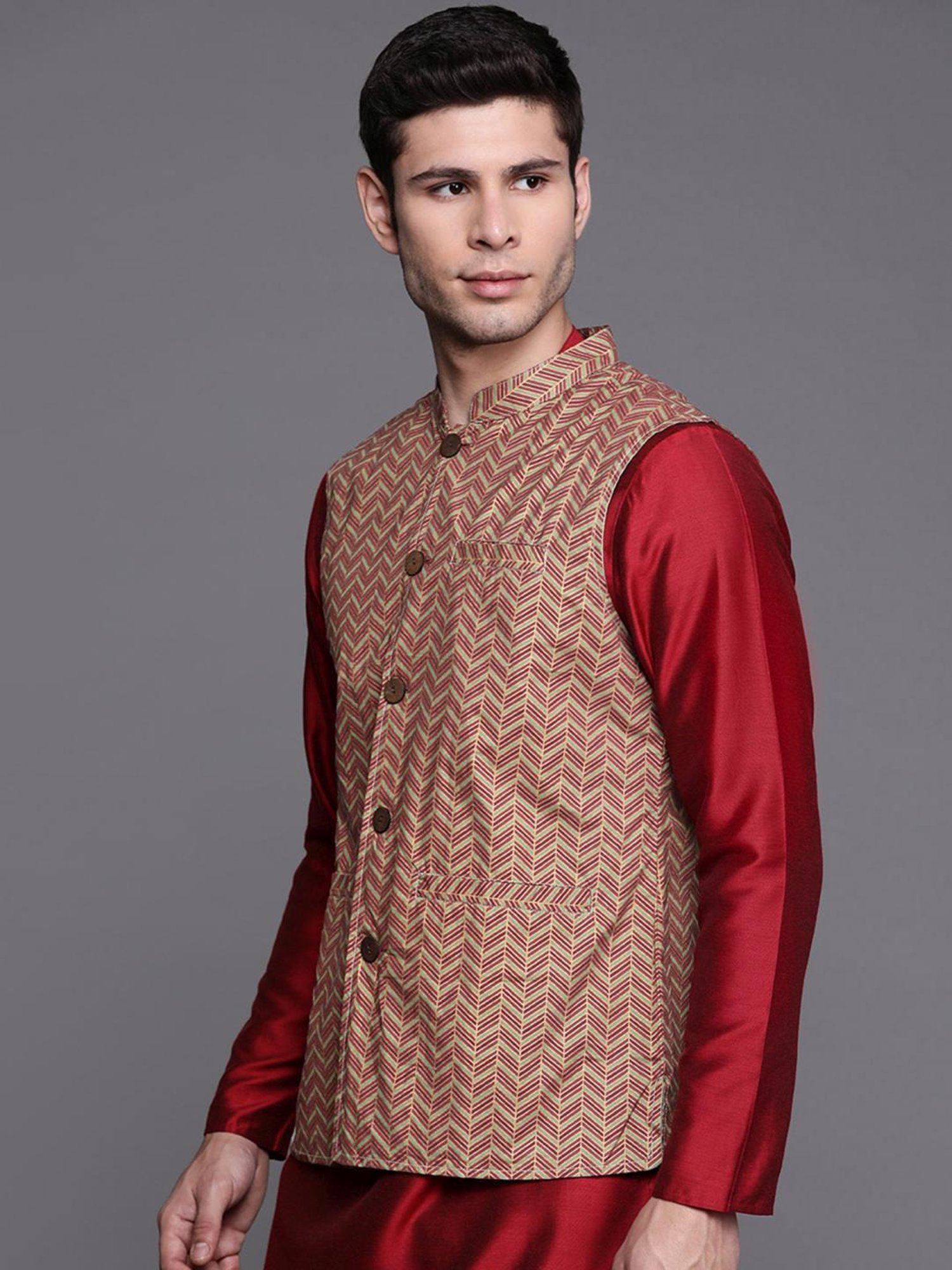 VASTRAMAY Teal Green Regular Fit Printed Nehru Jacket