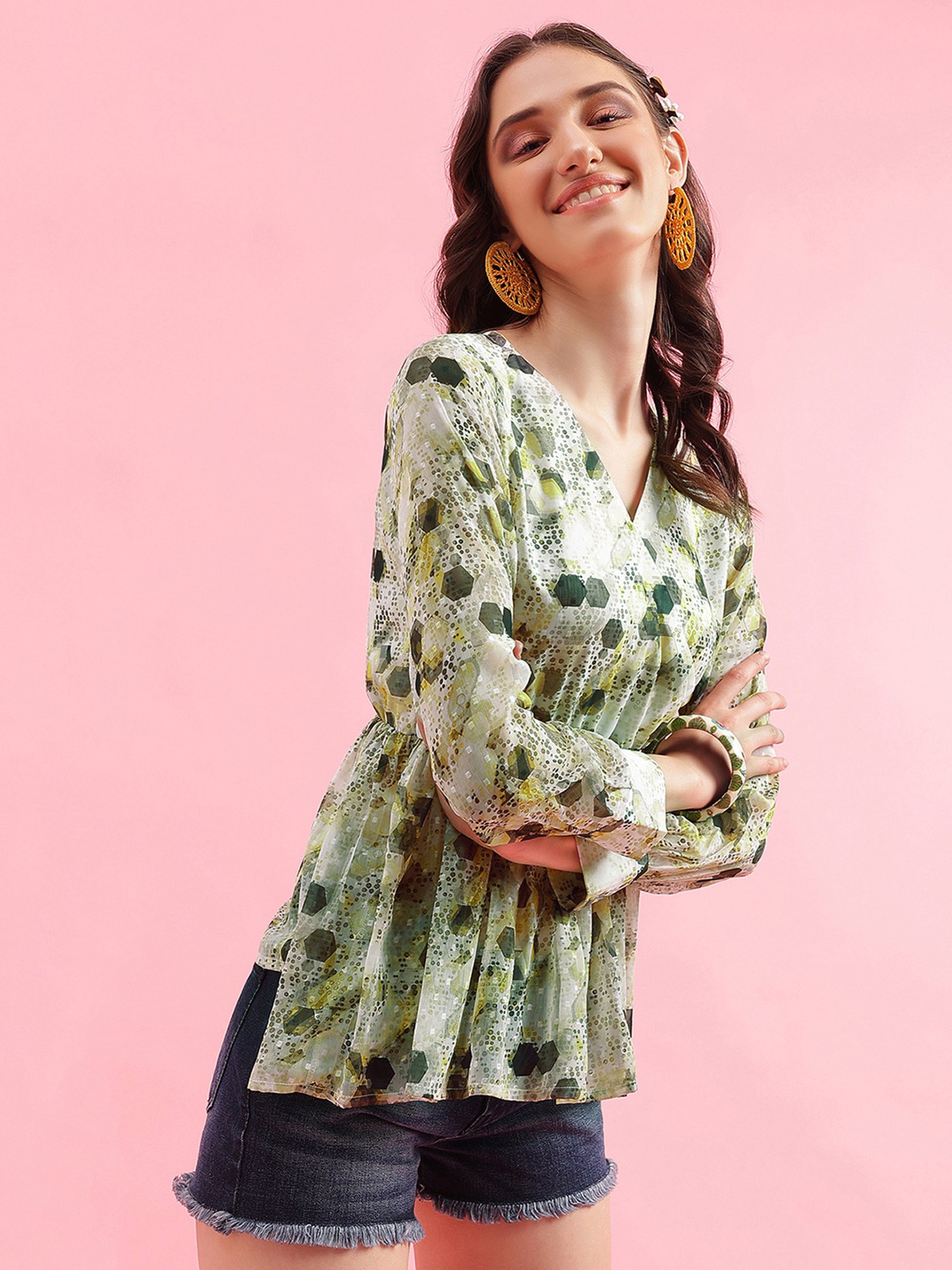 SELVIA Green Floral Print Peplum Top