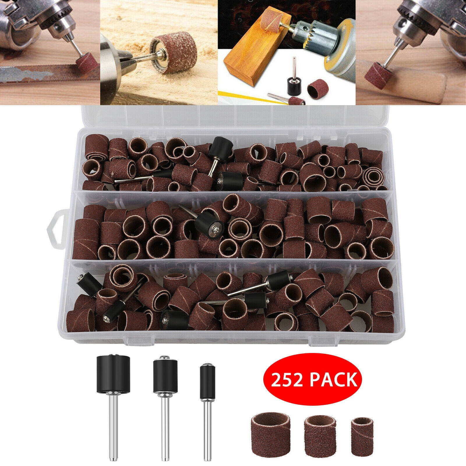 252 Pack Rotary Drum Sanding Band Mandrel 1/2 3/8 1/4 120 Grit Dremel Tool Kit