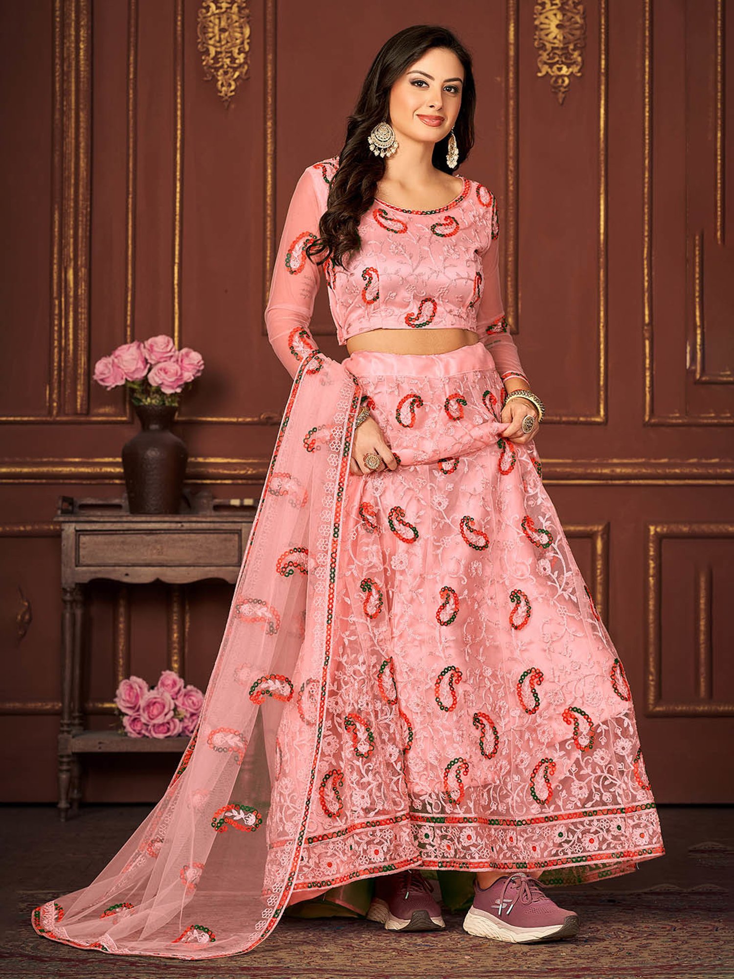 Warthy Ent Peach Embroidered Lehenga Choli Set With Dupatta