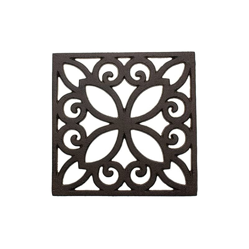 Decorative Cast Iron Trivet for Kitchen Or Dining Table | Square with Vintage Pattern - 6.5 x 6.5 | with Rubber Pegs/Feet - Recycled Metal - Vintage, Rustic Design - Rust Brown Color