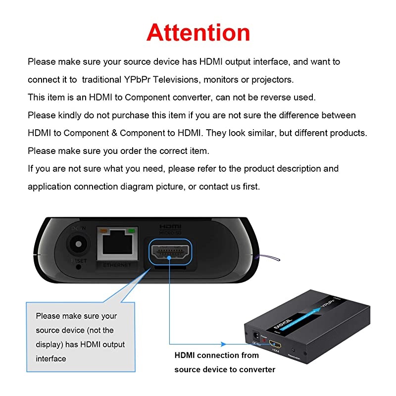HDMI to Component Converter with HDMI and Component Cables, 1080P Aluminum HDMI to RGB Converter, HDMI to YPbPr 5RCA Converter with Scaler Function