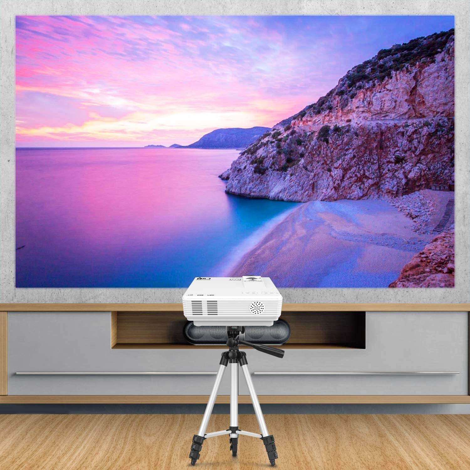 DR. J Professional 4500L Projector for Outdoor Movies & 50Inch Universal Aluminum Projector Tripod Stand Bundle