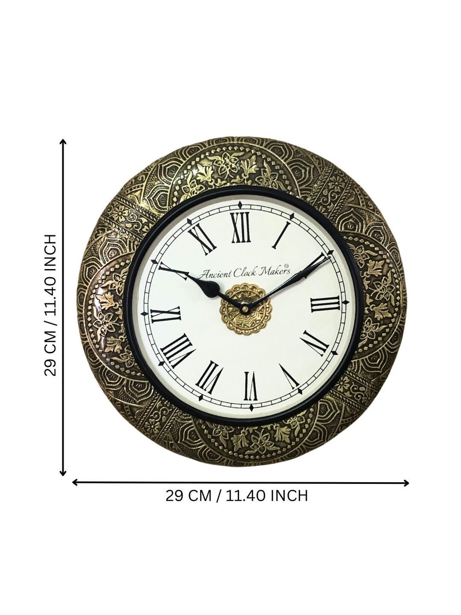 Ancient Clock Makers Round Brass & Black Wood Wall Clock