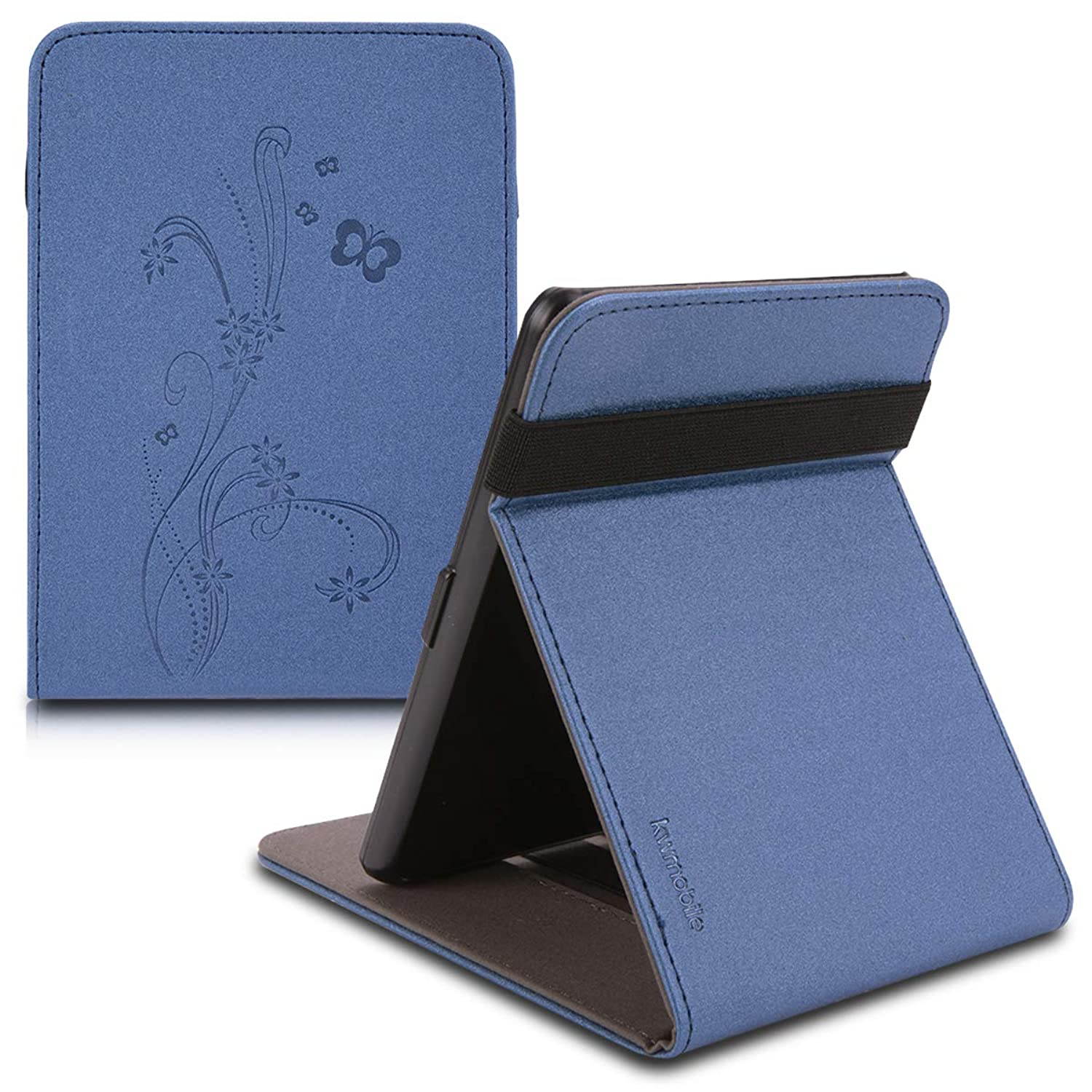 kwmobile Cover Compatible with Amazon Kindle Paperwhite (10. Gen - 2018) - PU Leather e-Reader Case - Butterfly Tendril Dark Blue
