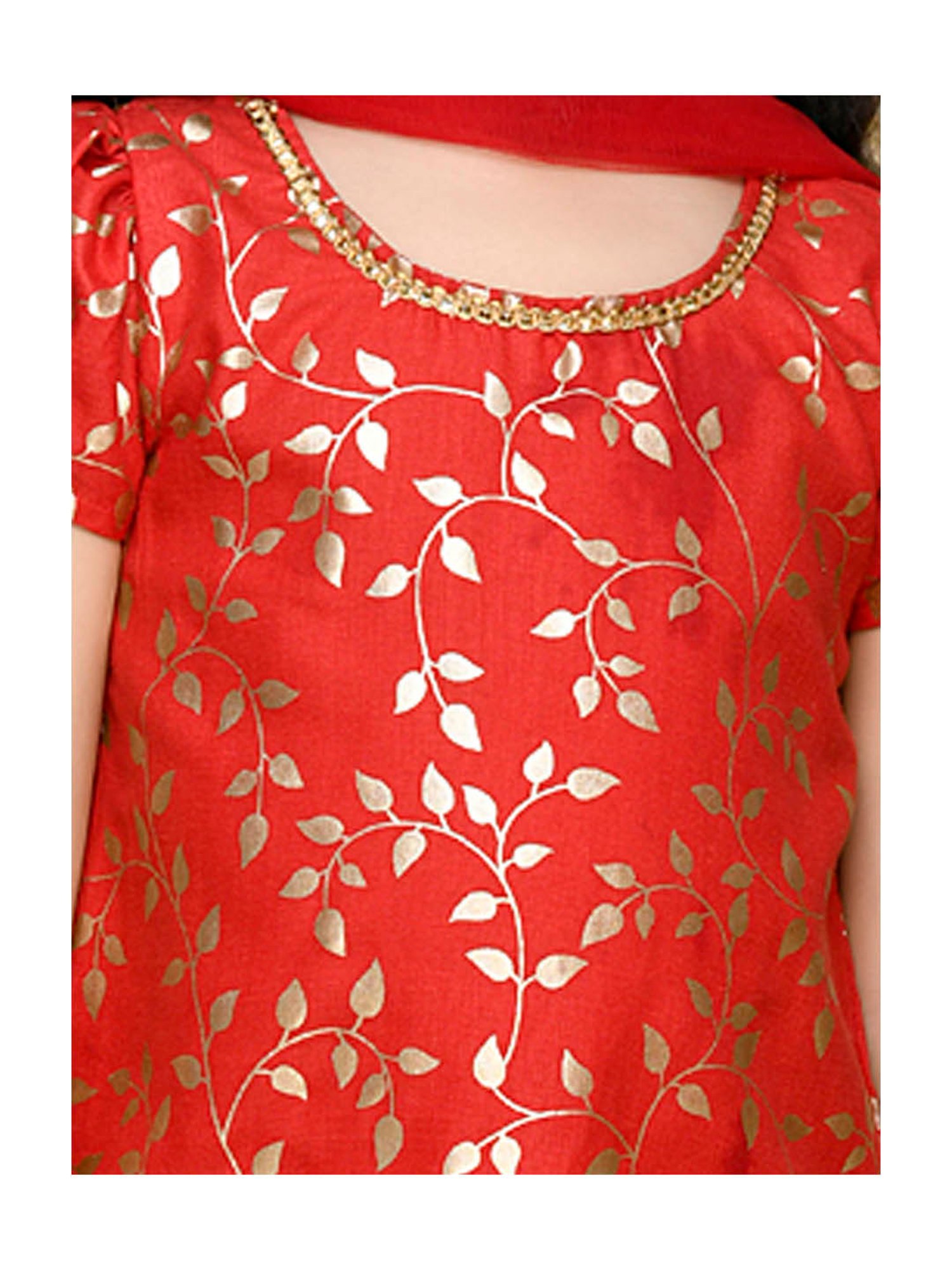 Saka Designs Kids Red & Gold Printed Kurta with Sharara & Dupatta