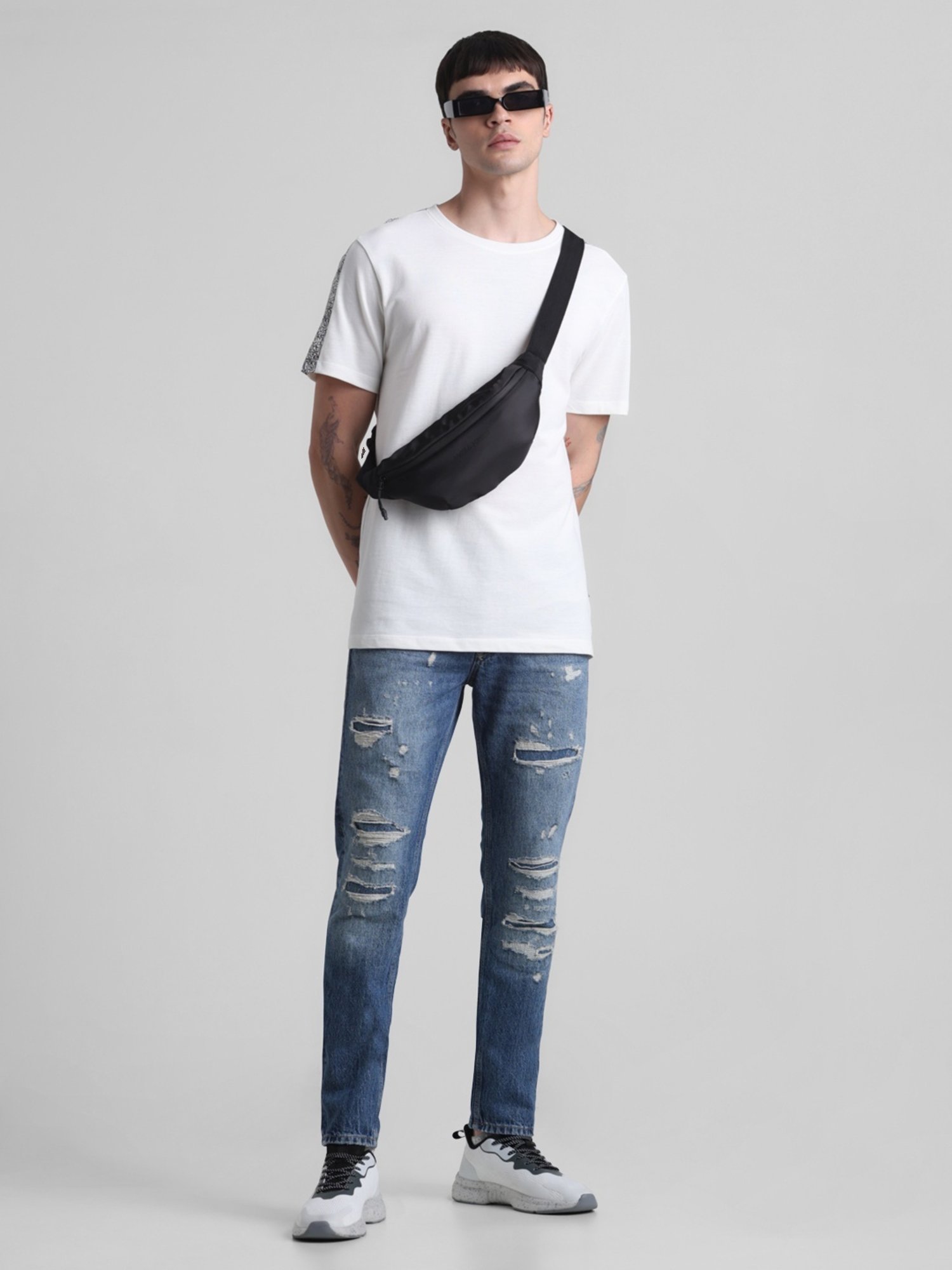 Jack & Jones Dark Blue Denim Cotton Slim Fit Distressed Jeans