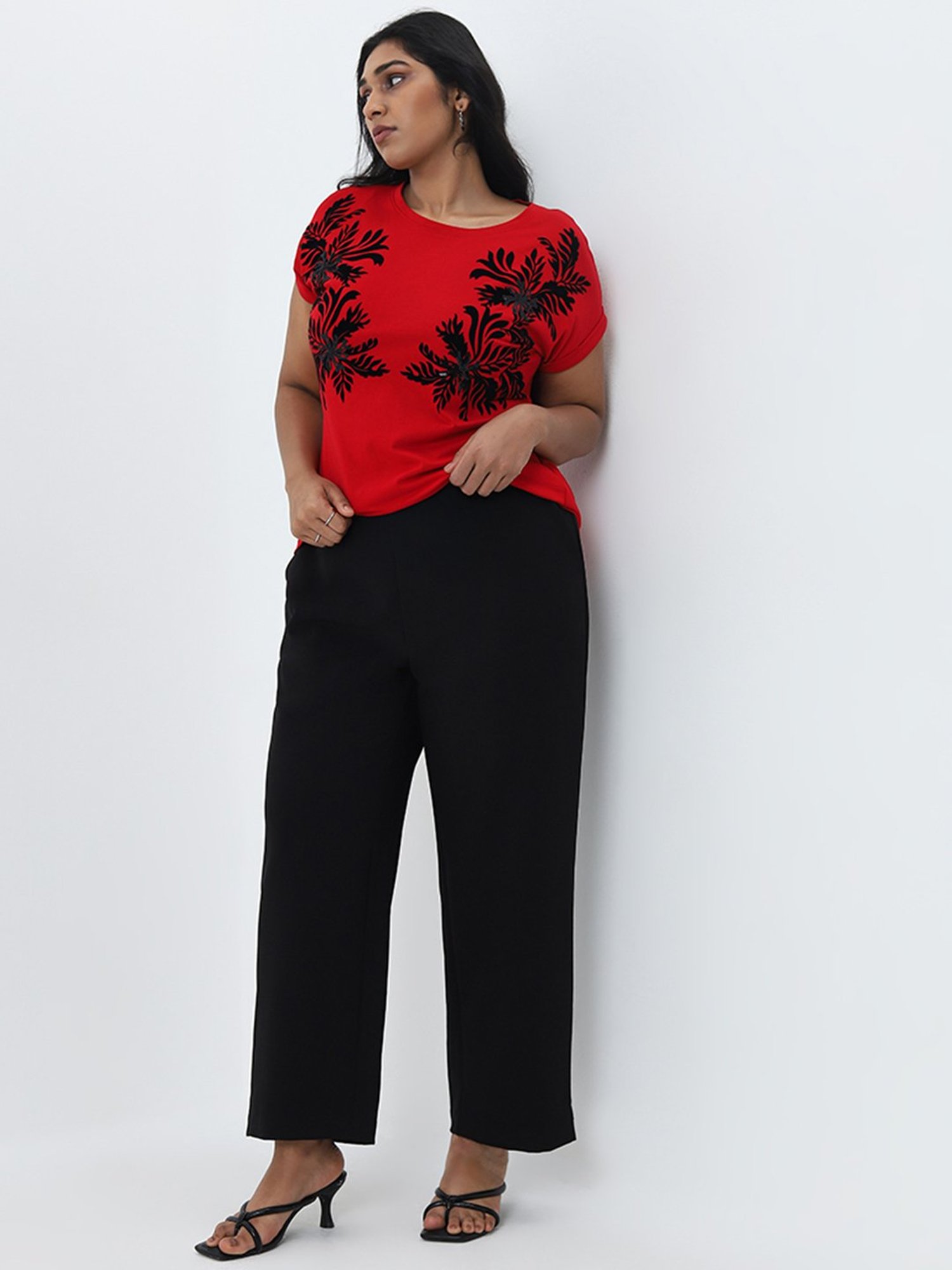 Gia by Westside Red Floral Printed Cotton T-Shirt