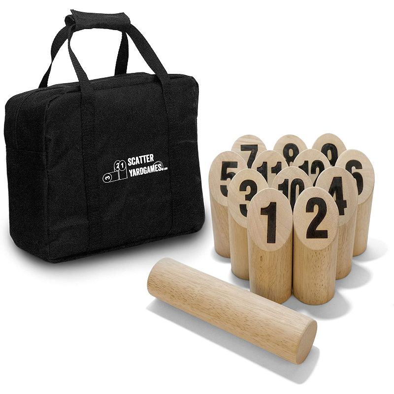Yard Games Outdoor Backyard Regulation Size Kubb Hardwood Kids Tossing Game Set Bundle w/ Hardwood Outdoor Scatter Toss Target Lawn Game Skittles Set