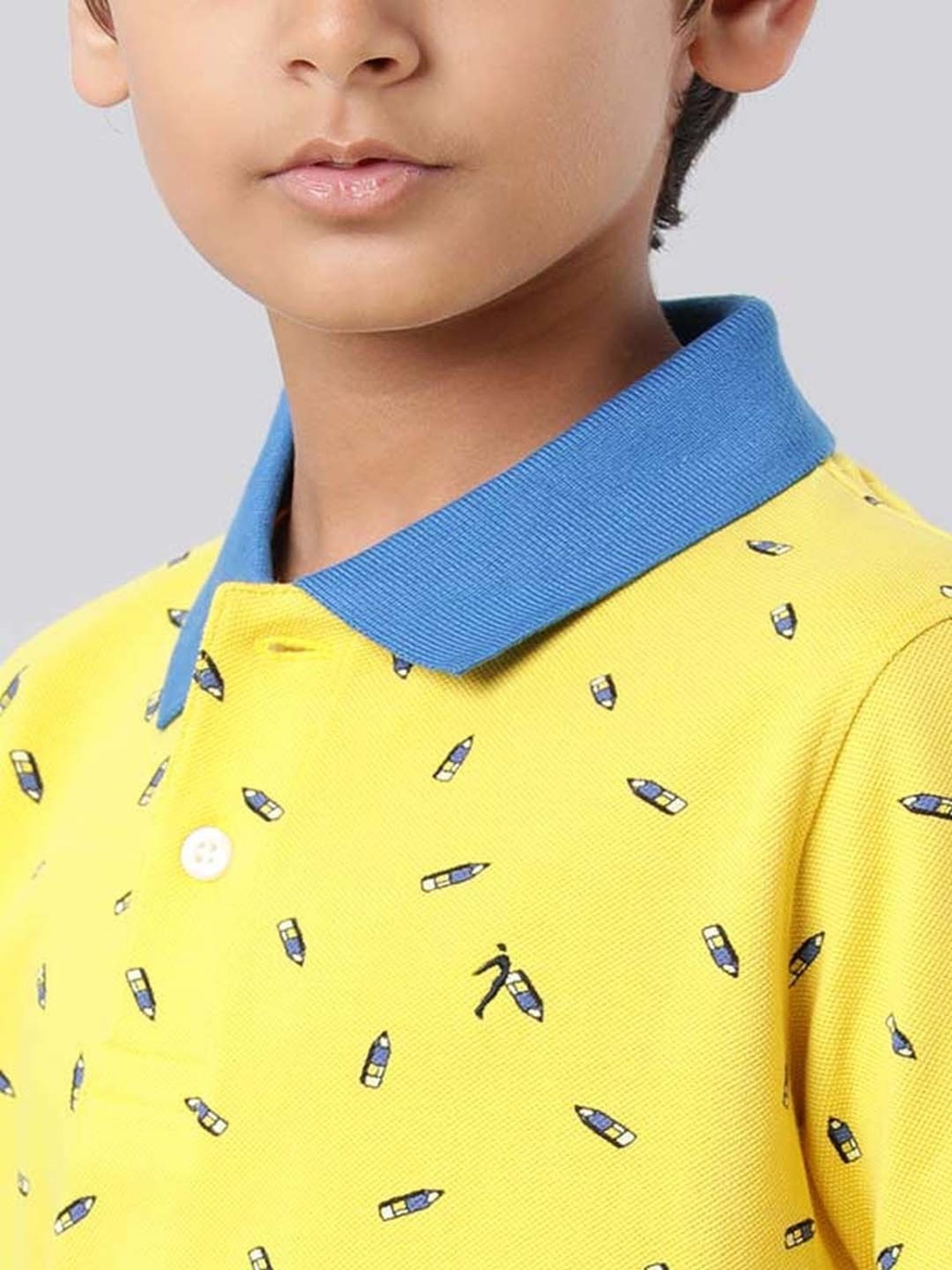 Indian Terrain Boys Yellow & Blue Cotton Printed Polo T-Shirt
