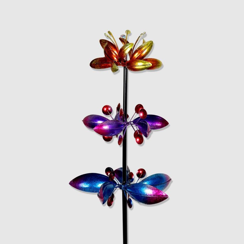 66" Resin Kinetic Garden Stake With 3 Metallic Floral Spinner - Exhart