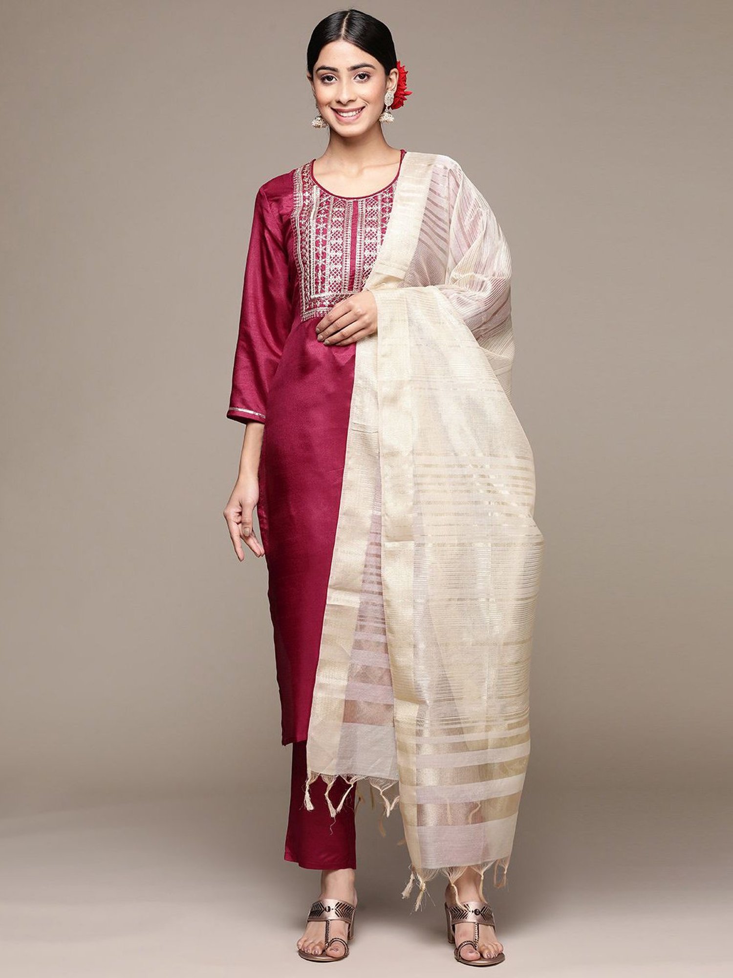 Anubhutee Maroon Embroidered Kurta Pant Set With Dupatta