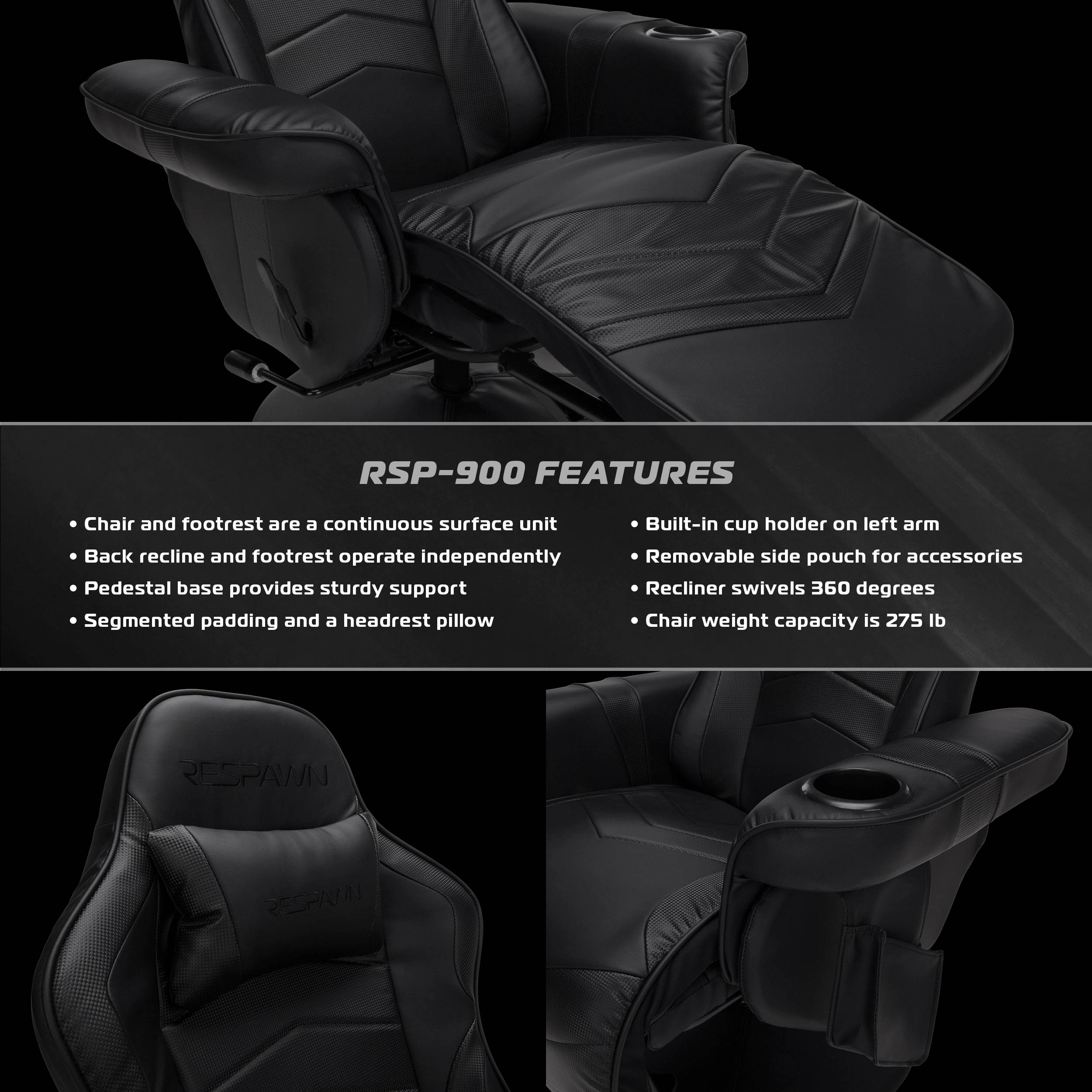 RESPAWN-900 Racing Style Gaming Recliner, Reclining Gaming Chair, in Gray (RSP-900-GRY)