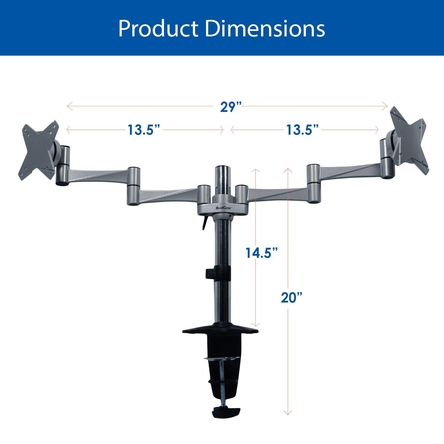 QualGear QG-DM-02-016 3 Way Articulating Dual Desk Mount for 13-27 Inches Flatpanel Monitors, Silver