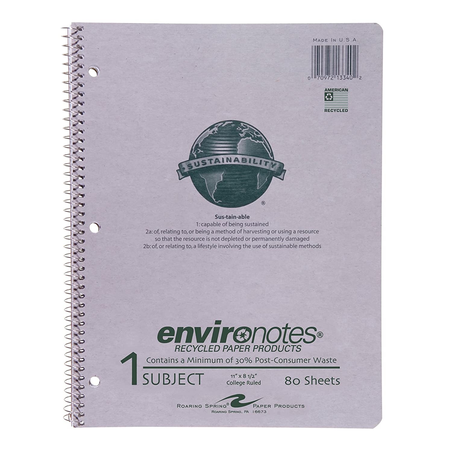 Roaring Spring Environotes Recycled One Subject College Ruled Wirebound Spiral Notebook, 11" x 8.5" 80 Sheets, Gray Cover