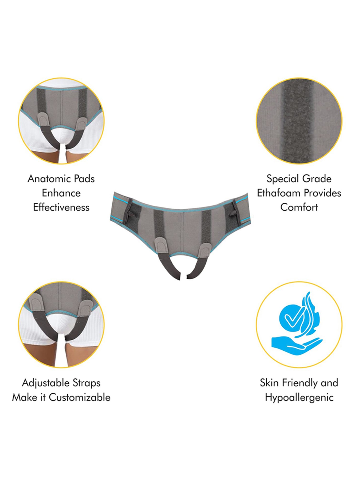 AccuSure Hernia Belt for Men with 2 Removable Compression Pads - XL (Grey)
