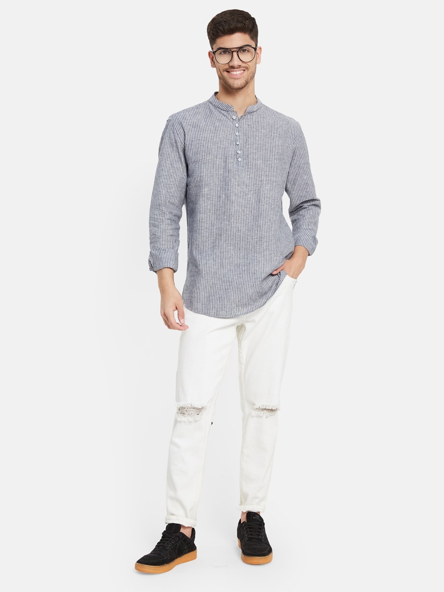 METTLE Grey Cotton Regular Fit Striped Shirt