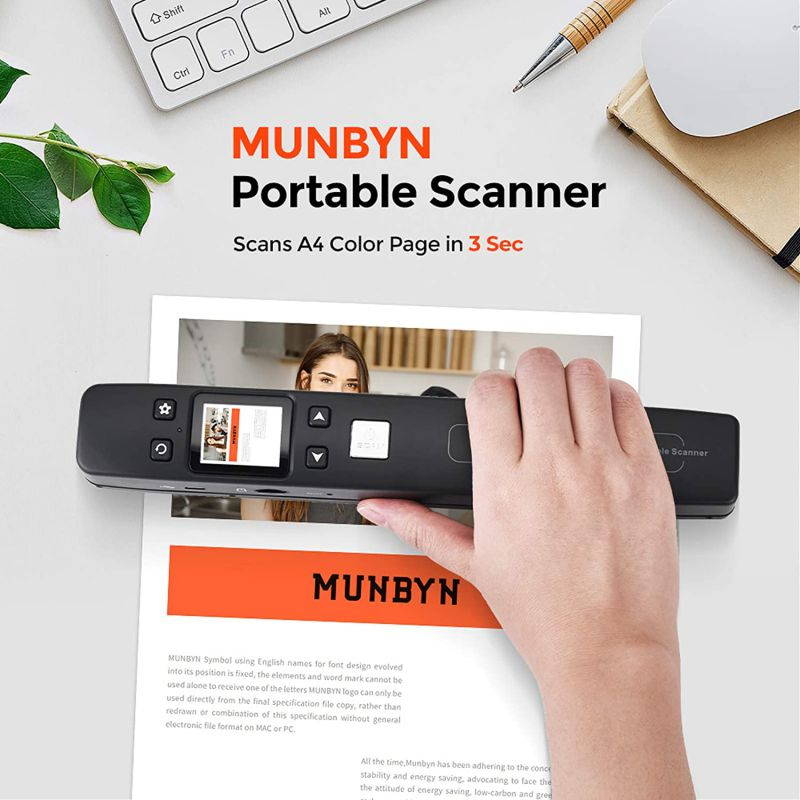 Scanner Portable Handheld Wand Document Book Images 1050DPI Resolution High Speed Scanning A4 Size JPEG PDF Format Colorful LCD Display for Office Business Reciepts