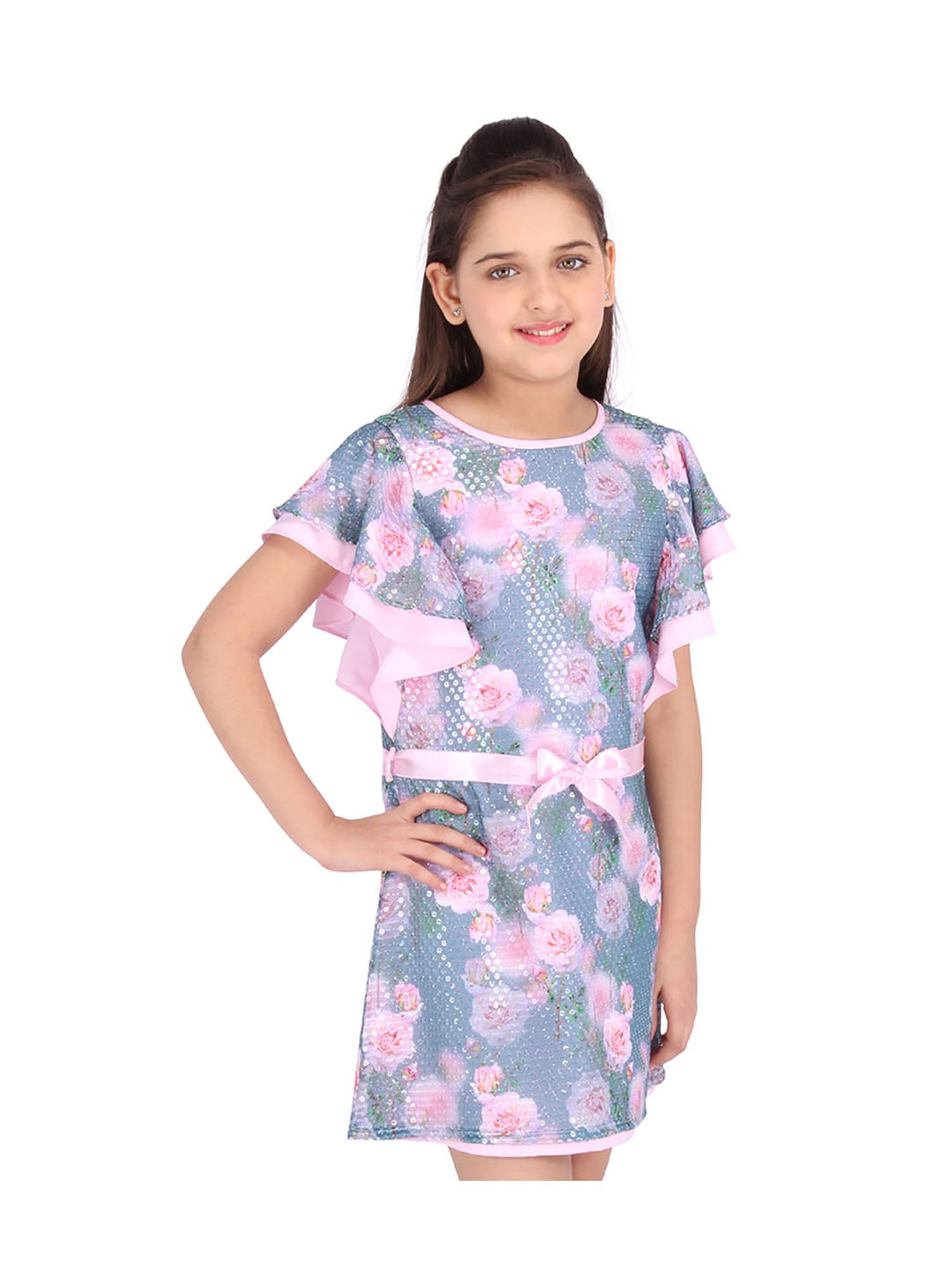 Cutecumber Kids Pink Printed Dress with Ribbon Belt