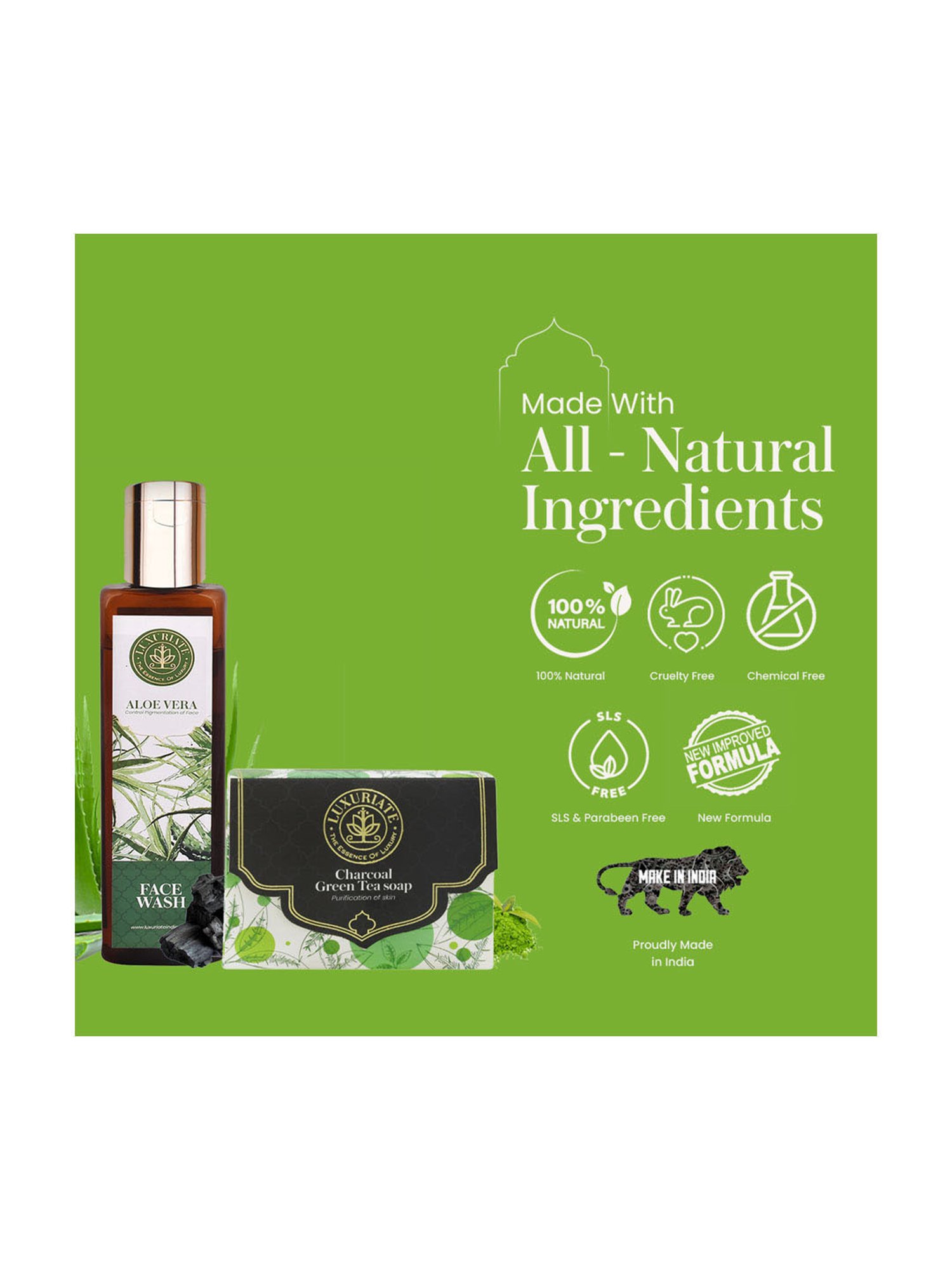 Luxuriate Charcoal Green Tea Soap and Herbal Aloe Vera Face Wash Combo