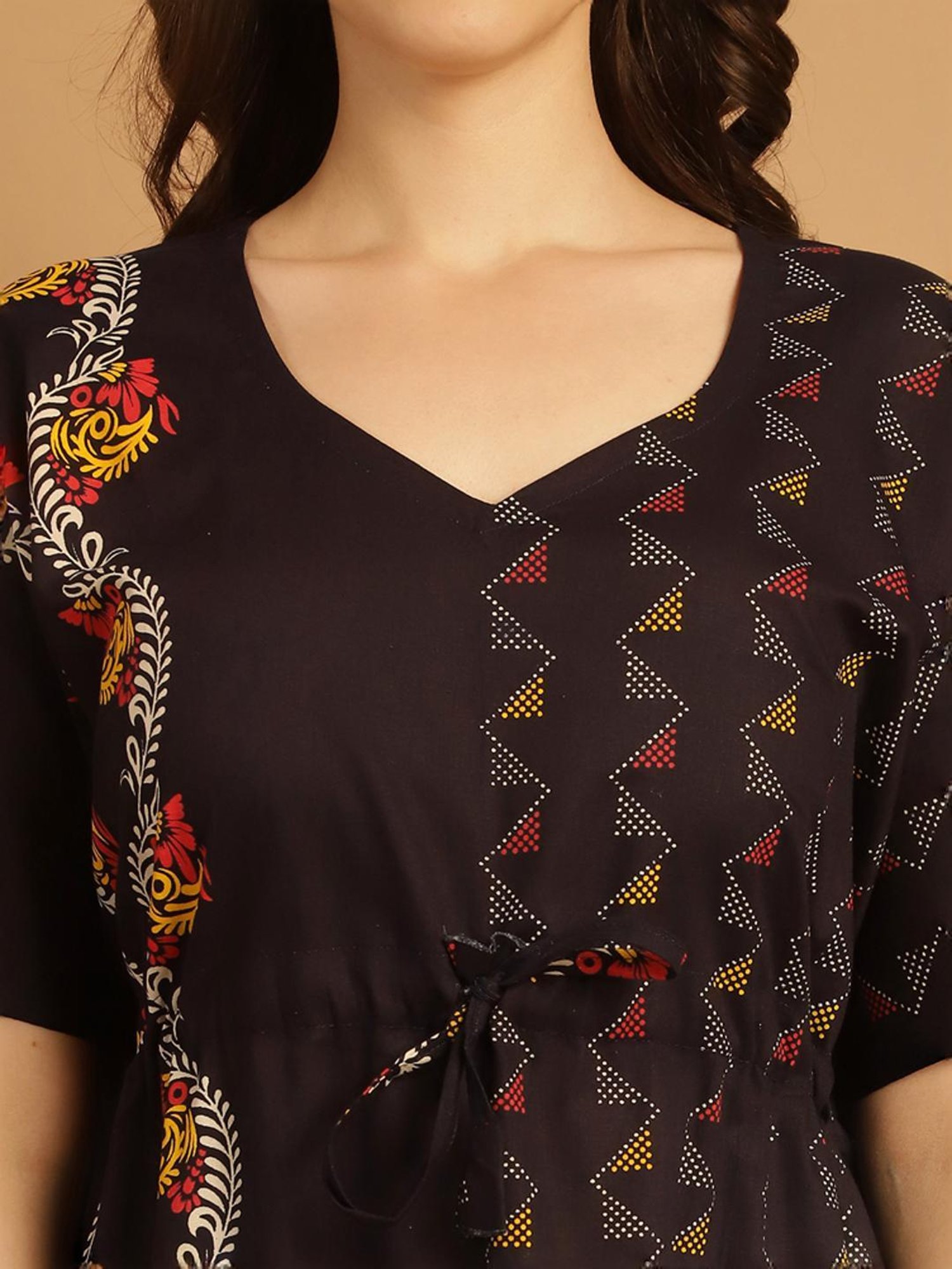 Secret Wish Black Cotton Printed Kaftan
