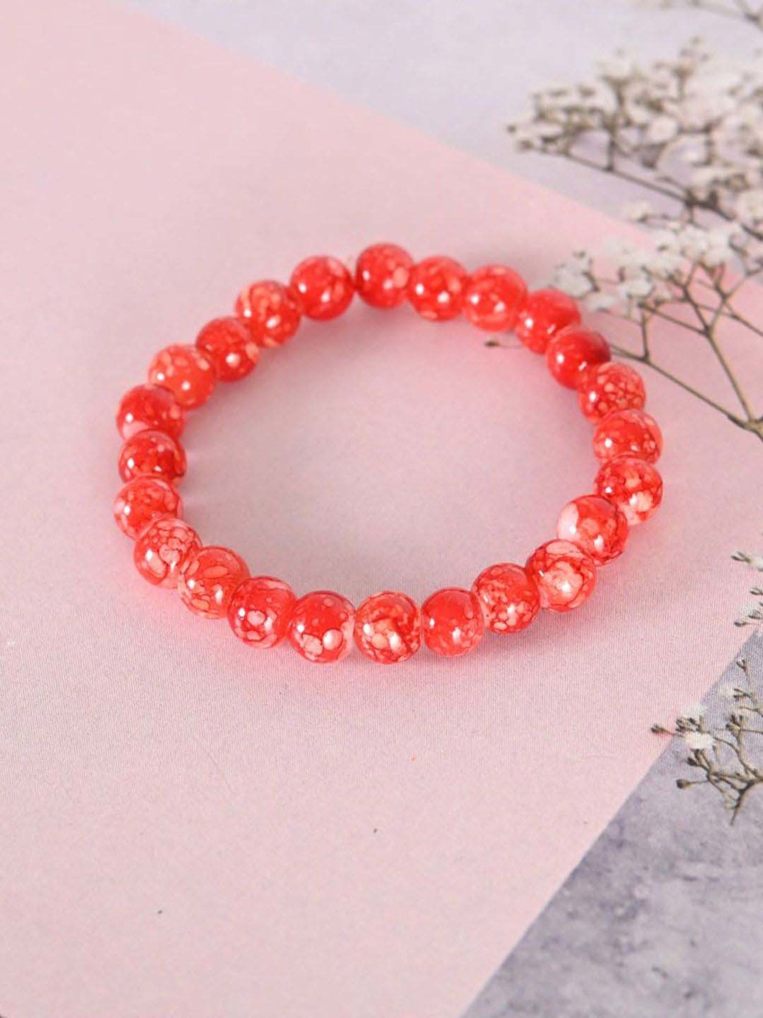 NVR Red Marbel Crystal Elasticated Bracelet for Unisex
