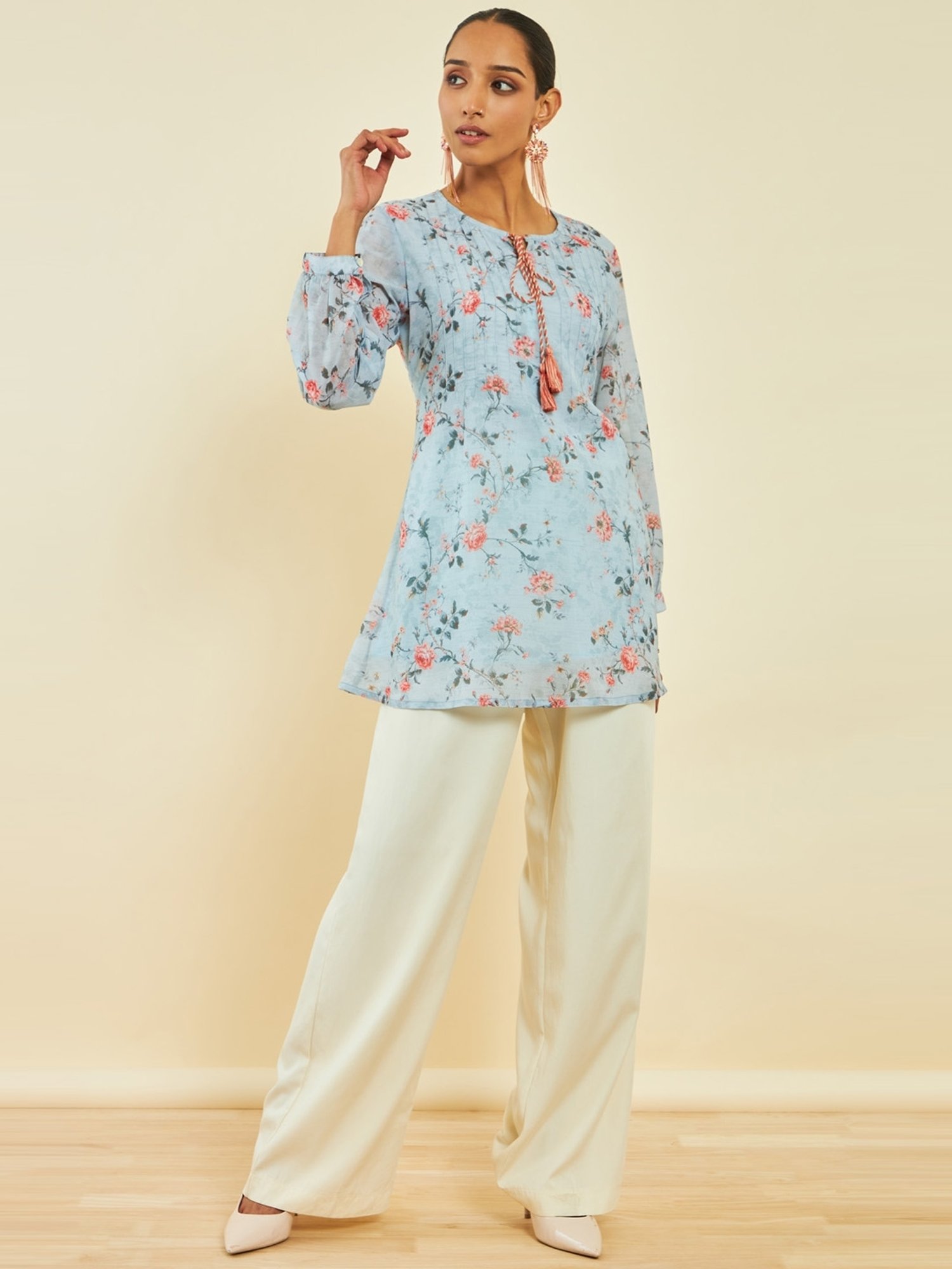 Soch Powder Blue Georgette Floral Print A-Line Tunic with Pintucks