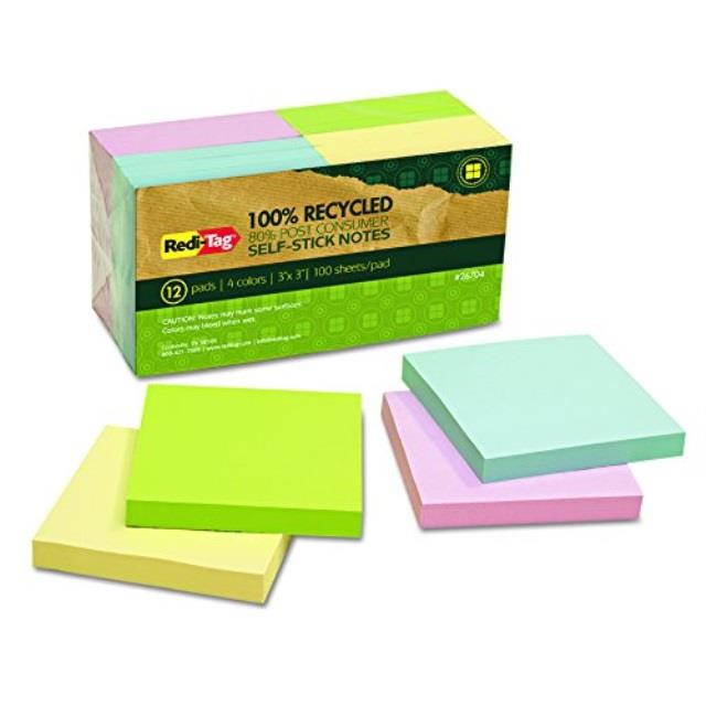 reditag 26704 100% recycled notes, 3 x 3, four colors, 100sheet pad pack of 12 pads