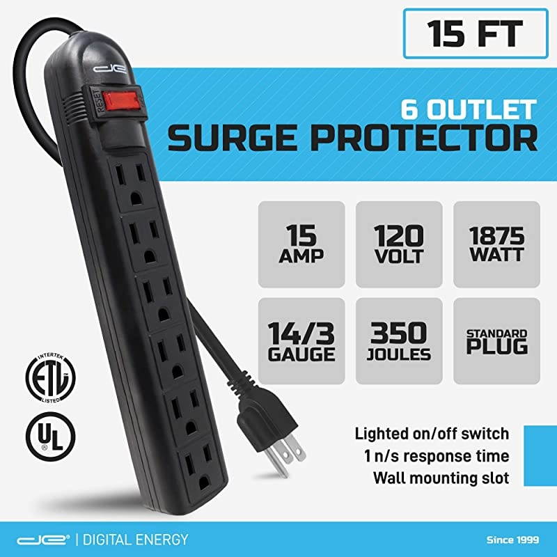 6Outlet Surge Protector Power Strip with 15Ft Long Extension Cord Black ETL ListedUL Standard