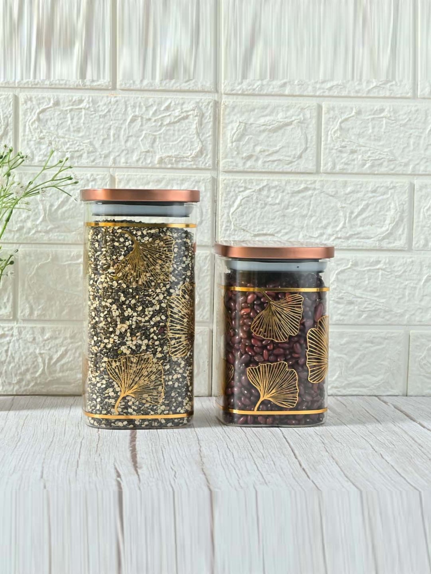 Femora Golden Borosilicate Glass Kitchen Storage Jar With Airtight Steel Lid (1.1 L) - Set of 2