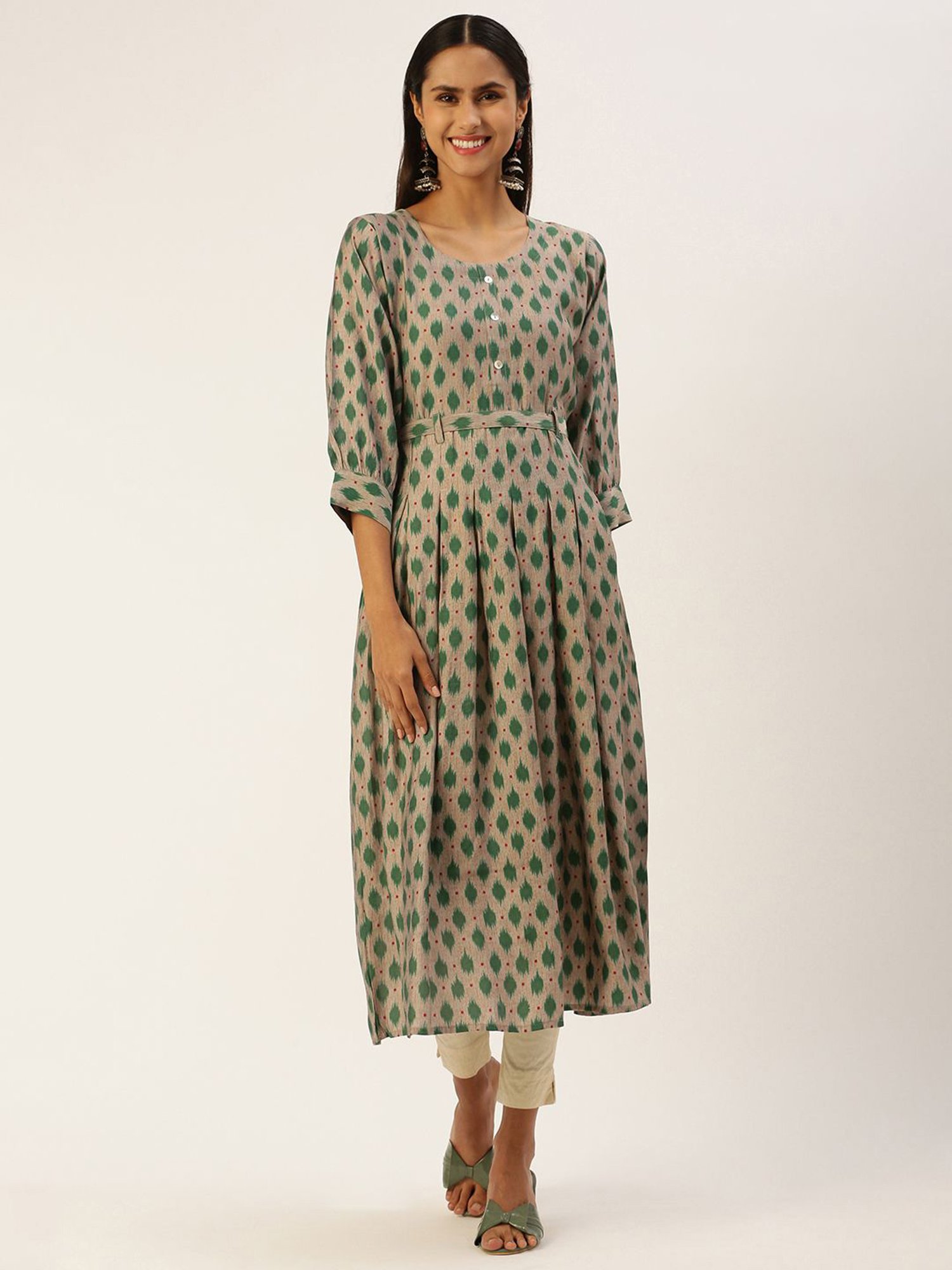 SHANVIKA Beige & Green Printed Cotton Silk A Line Kurta