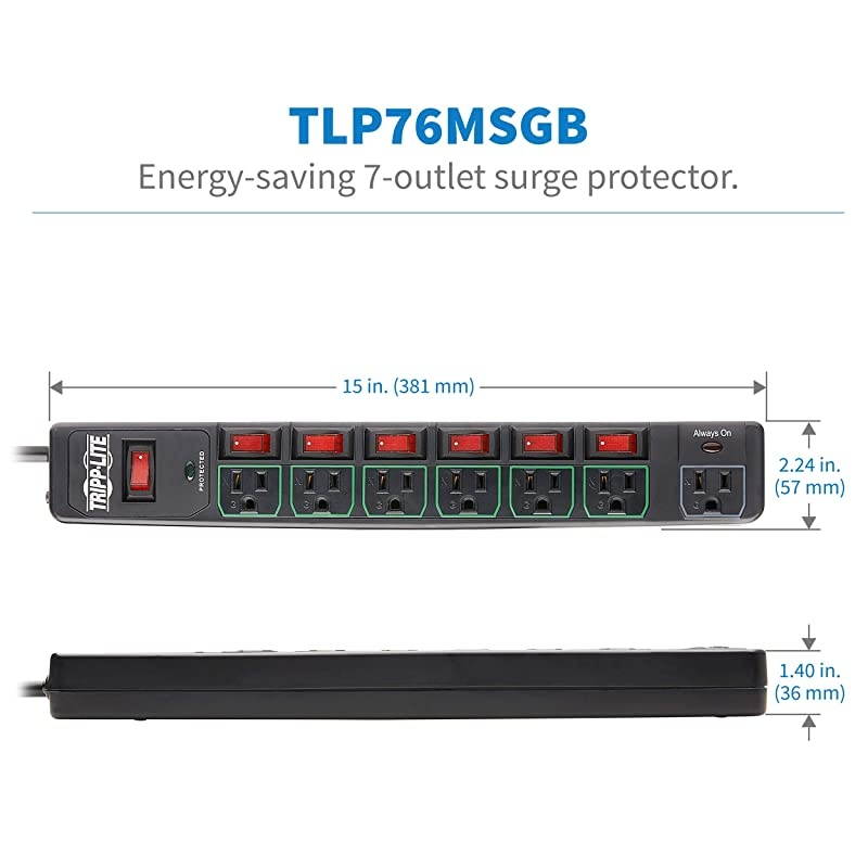 Lite 7 Outlet 6 Individually Controlled Surge Protector Power Strip 6ft Cord Black Lifetime Limited Warranty amp $25K INSURANCE TLP76MSGB