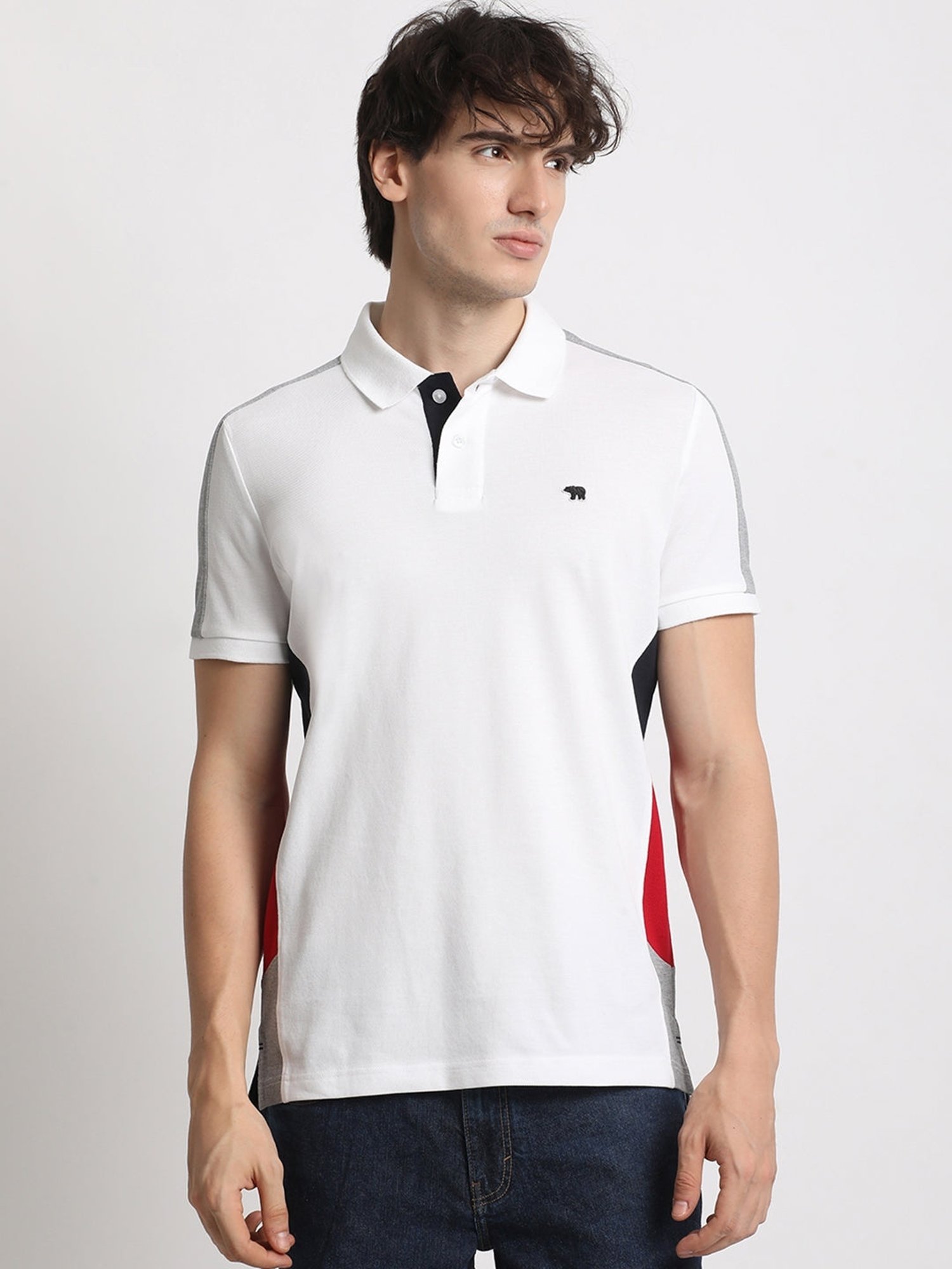 The Bear House White Cotton Slim Fit Colour Block Polo T-Shirt