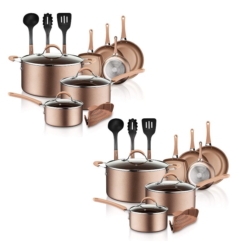 NutriChef Metallic Nonstick Ceramic Cooking Kitchen Cookware Pots & Pan Set w/ Lids, Utensils, & Cool Touch Handle Grips 14 Piece Set, Bronze (2 Pack)