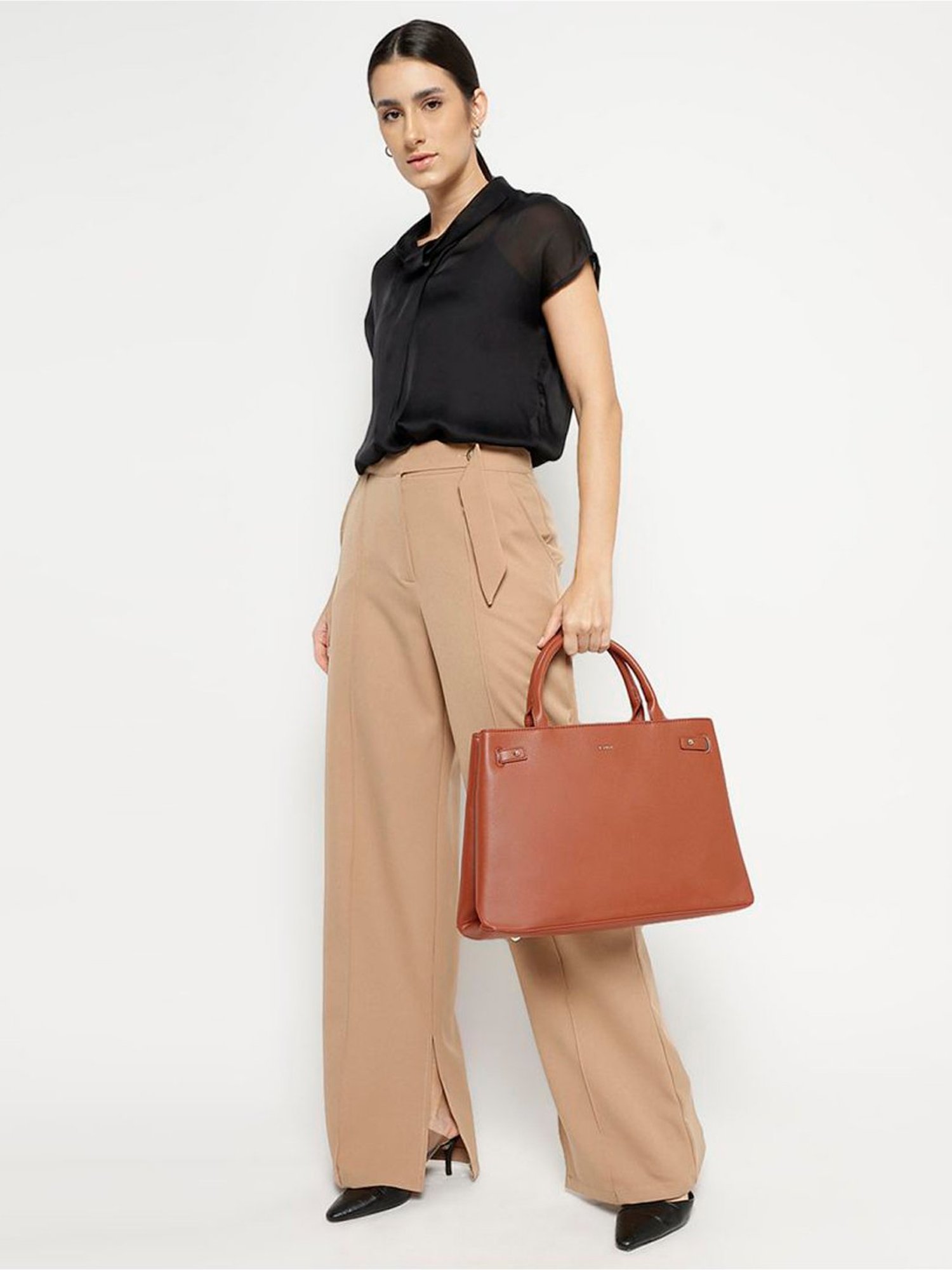 Tyra Ruby Tan Solid Faux Leather Tote Handbag