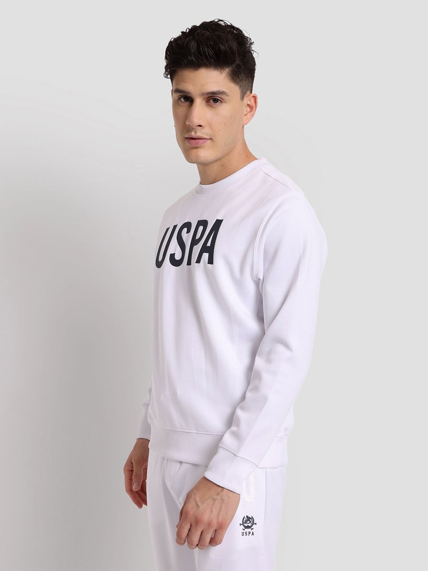 U.S. Polo Assn. White Regular Fit Round Neck Athletic Sweatshirt