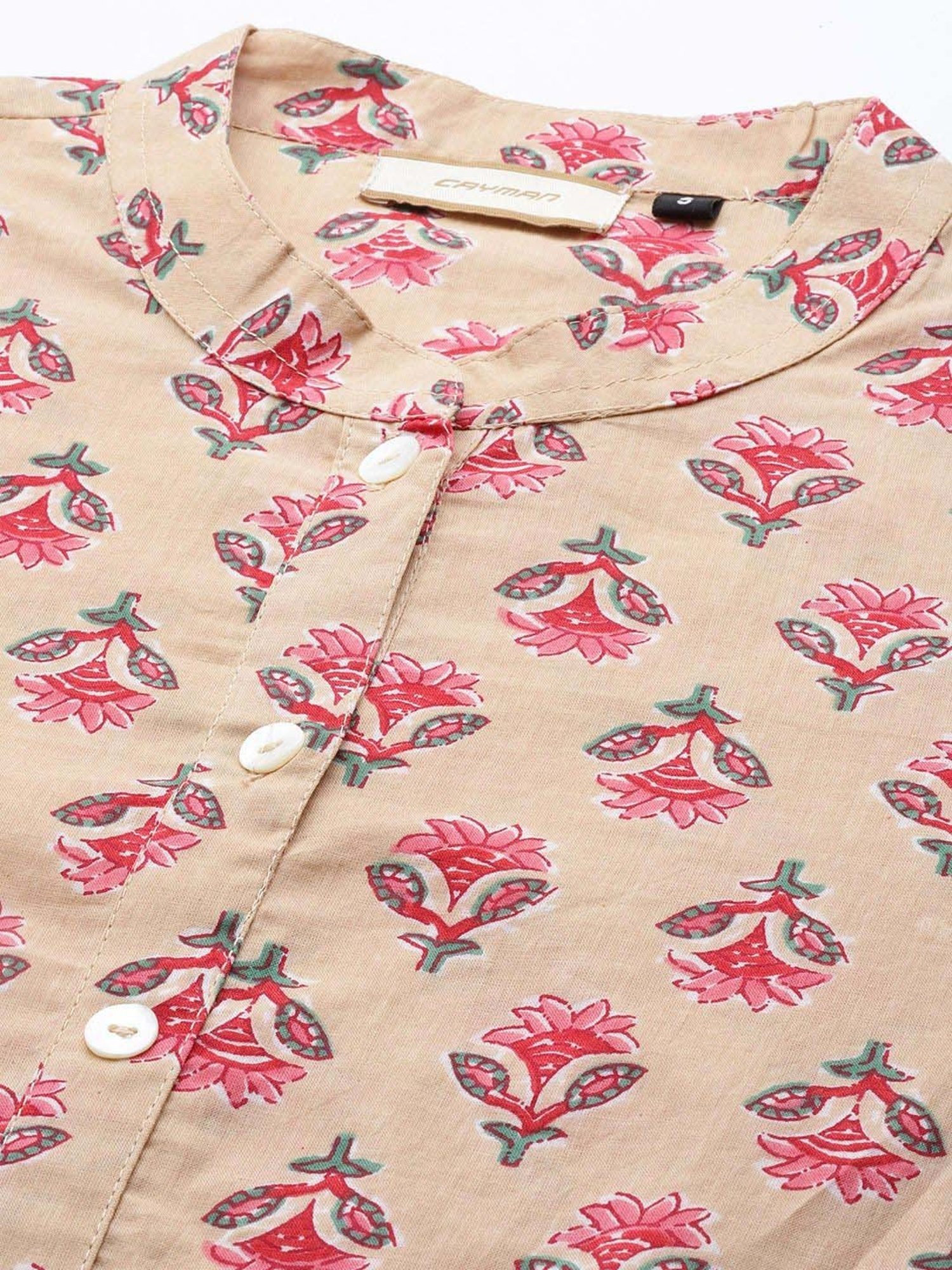 Cayman Beige Cotton Floral Print Straight Kurta