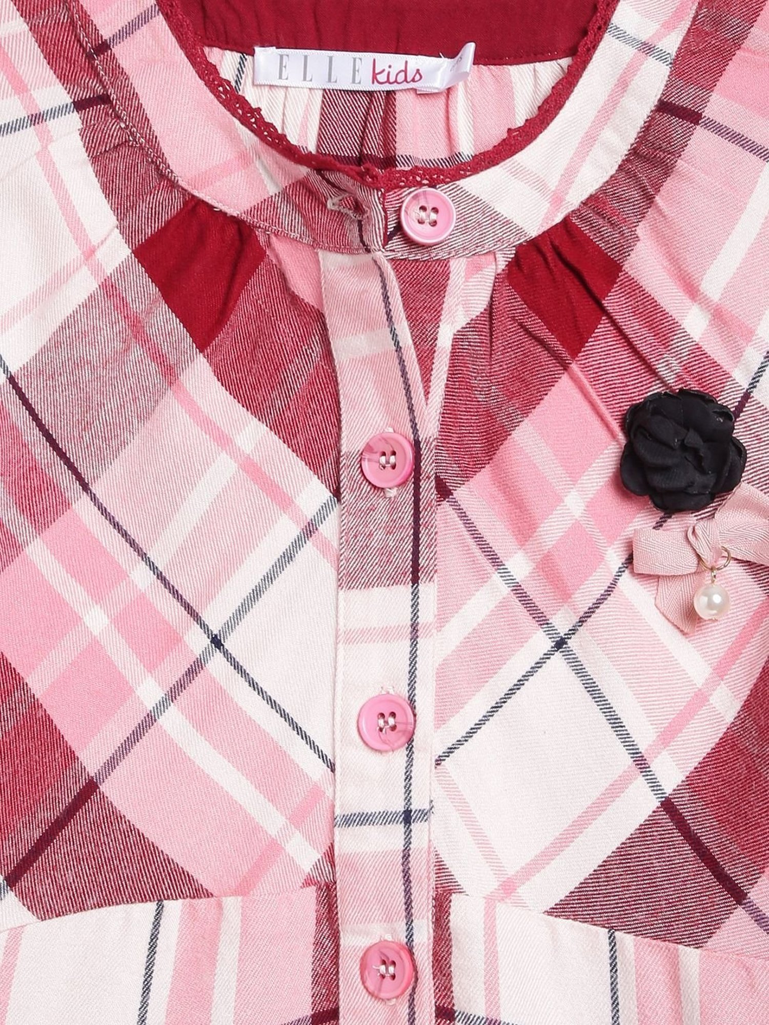 Elle Kids Pink & White Cotton Chequered Full Sleeves Dress