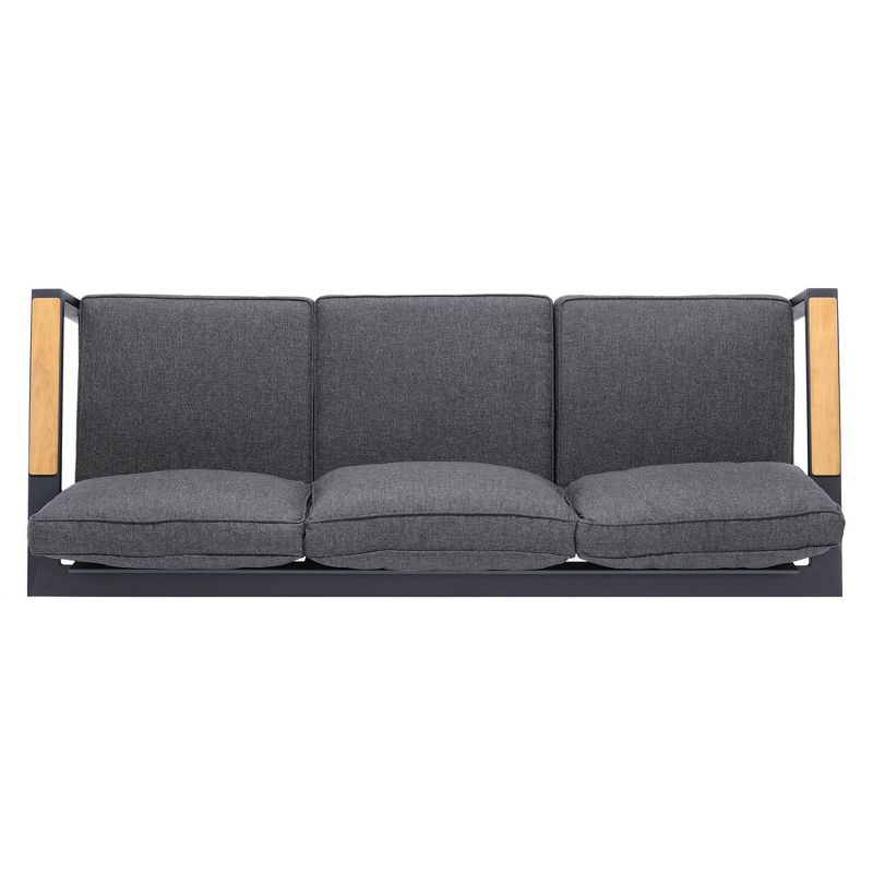Palau Outdoor Sofa in Dark Gray with Natural Teak Wood Accent and Cushions - Armen Living
