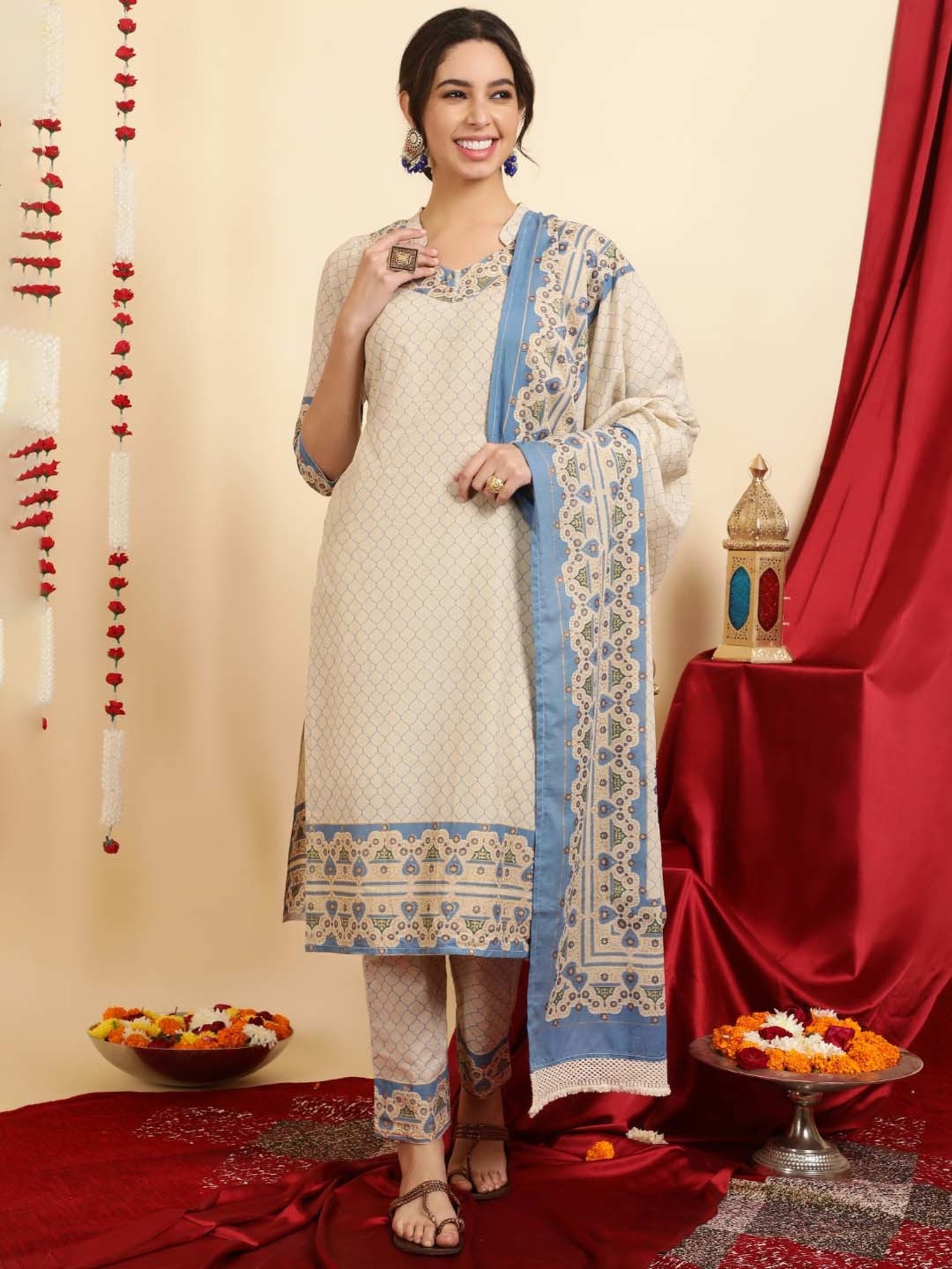 Jaipur Kurti Blue & Beige Cotton Printed Kurta With Pant & Dupatta