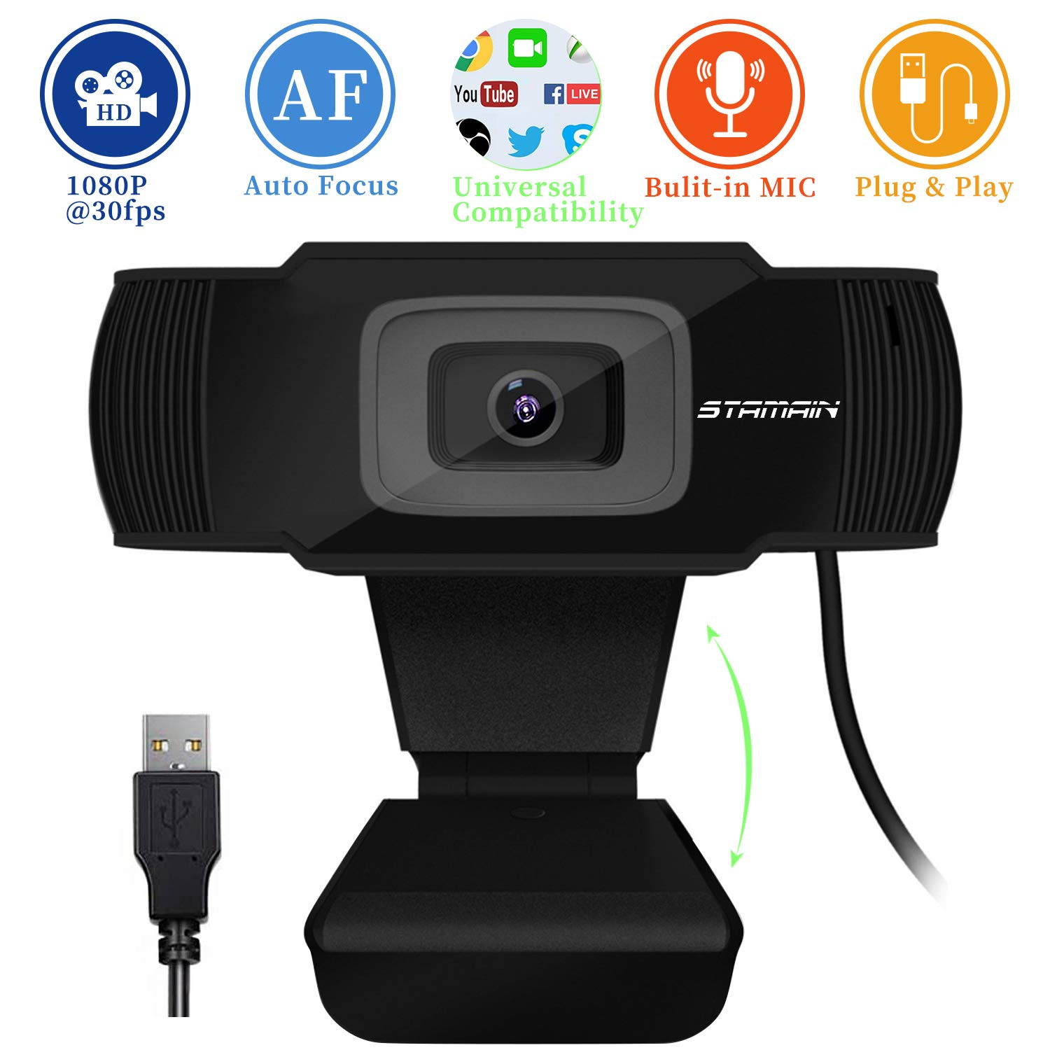 Webcam with Microphone 1080p HD,Auto Focus Plug & Play USB Webcam with Built-in Noise Reduction Microphone,Rotatable Laptop Computer Camera Web Cam for Video Calling Recording Conferencing