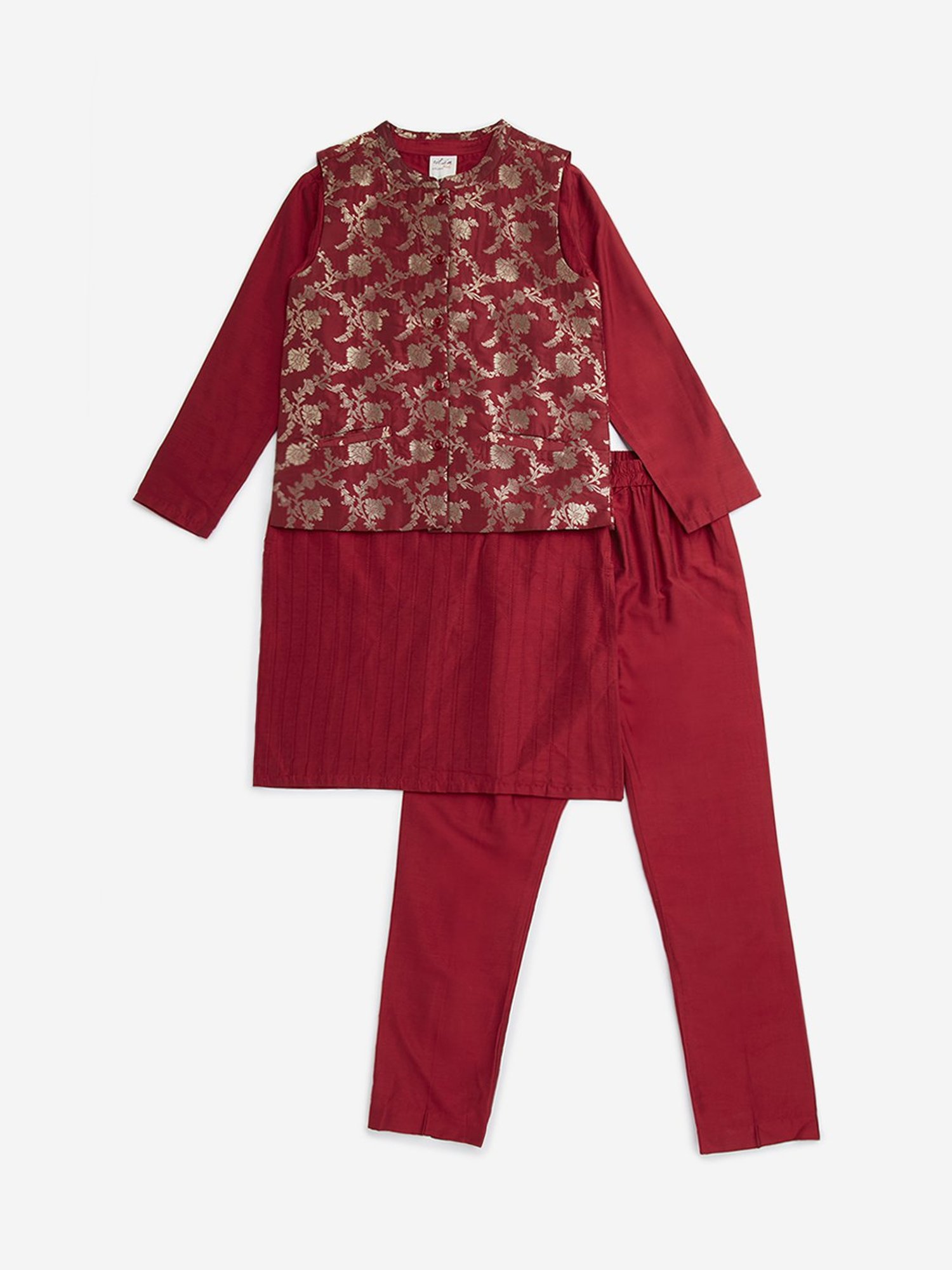 Utsa Kids by Westside Red Floral Design Jacket, Kurta and Pants Set
