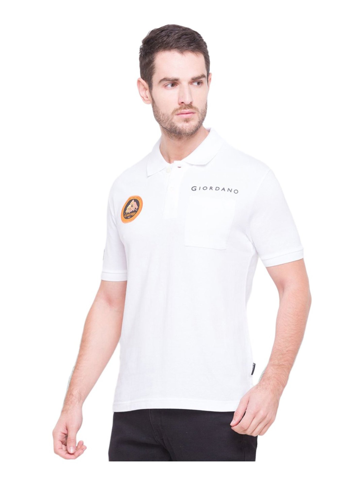 Giordano White Cotton Slim Fit Logo Printed Polo T-Shirt