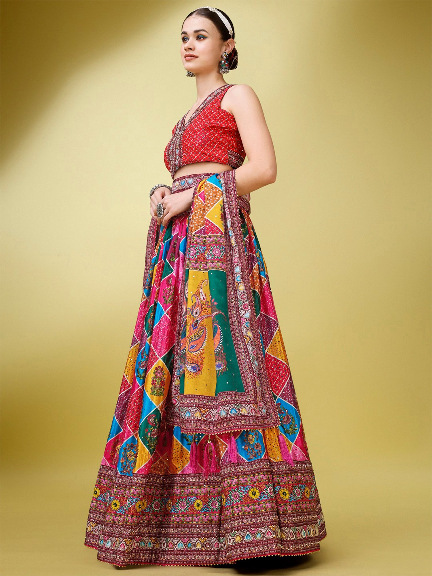 PURVAJA Dark Pink Printed Semi Stitched Lehenga & Unstitched Blouse With Dupatta