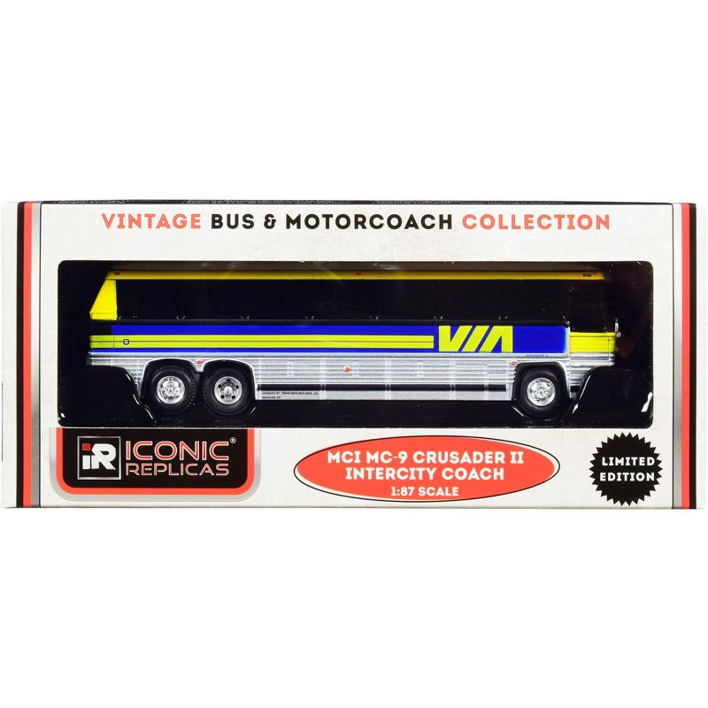 1980 MCI MC-9 Crusader II Coach Bus "Via Rail" (Canada) Yellow & Silver w/Blue Stripes 1/87 (HO) Diecast by Iconic Replicas