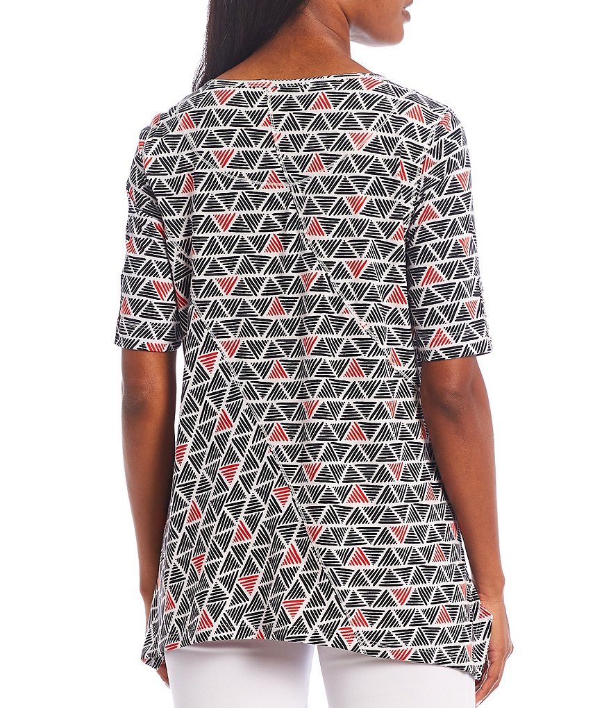 Multiples Geo Multi Print Knit Button Detail Elbow Sleeve Sharkbite Hem Top