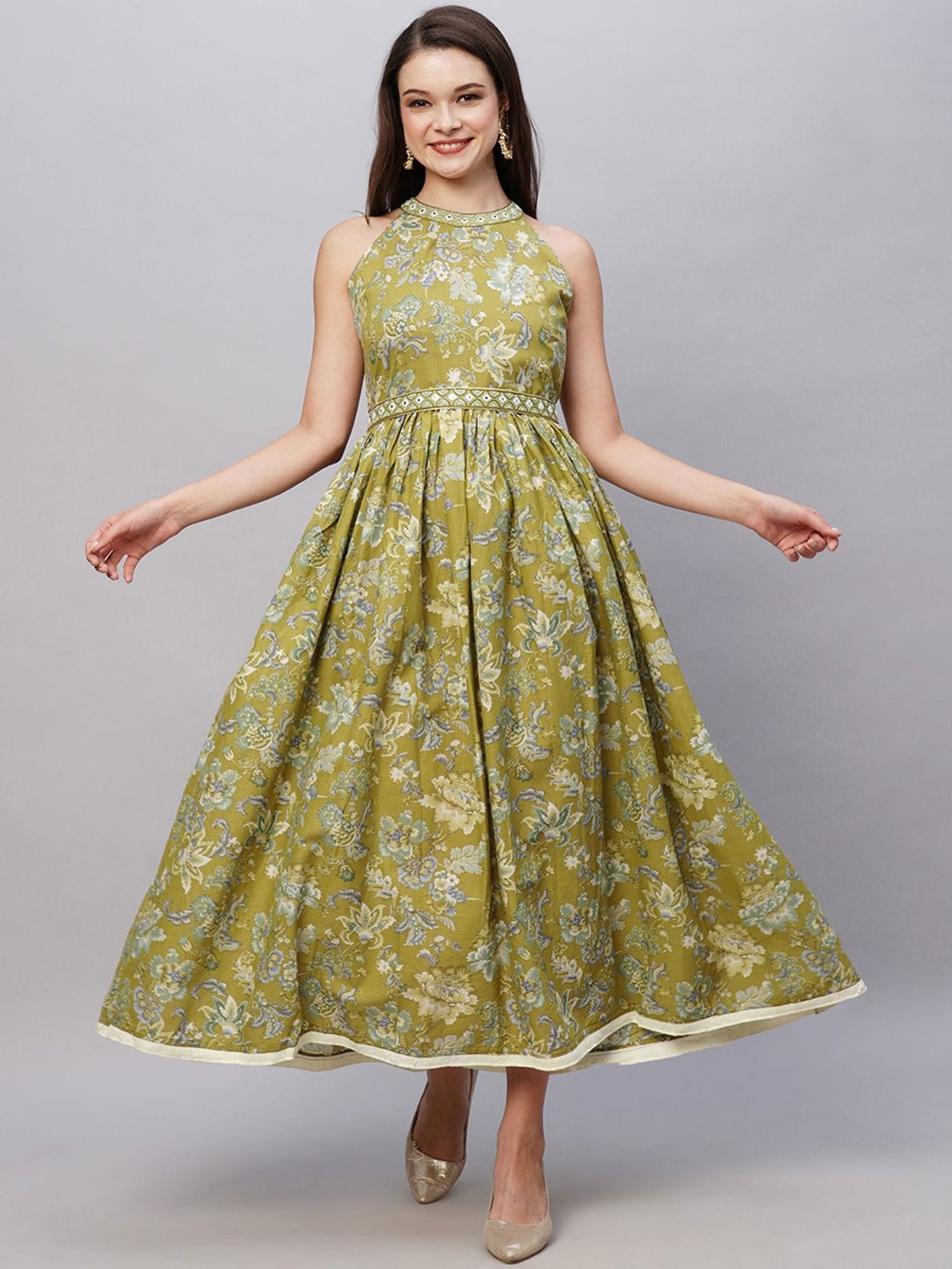 KIANA Green Cotton Printed Maxi Dress