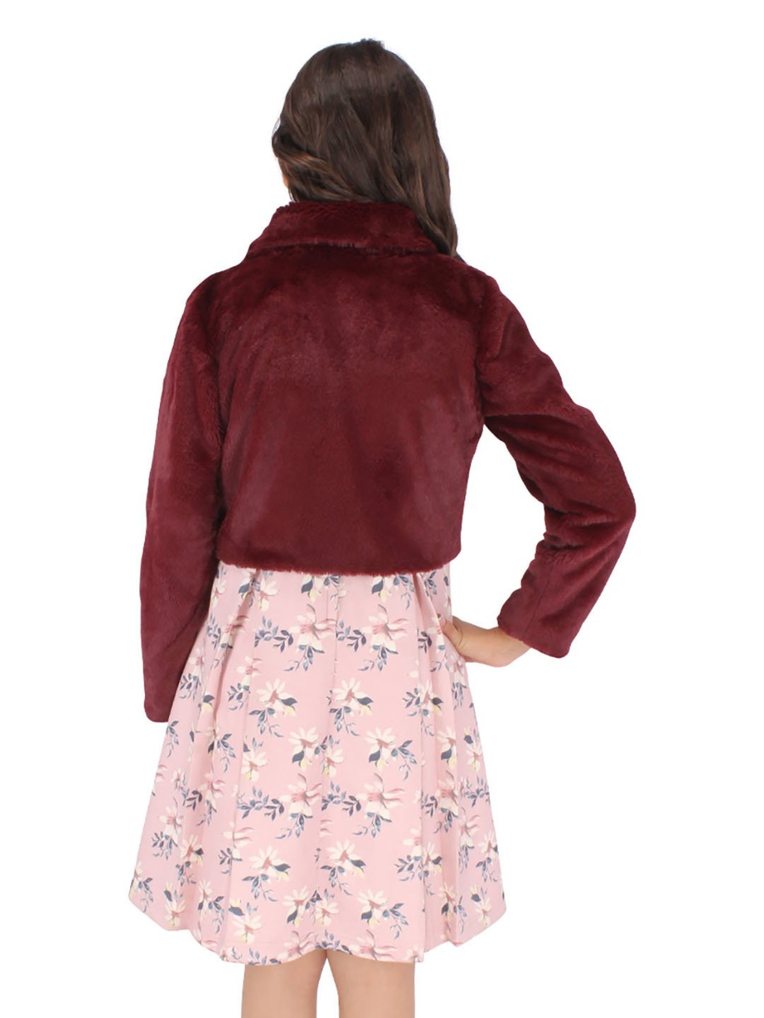 Cutecumber Kids Maroon & Pink Floral Print Full Sleeves Dress with Shrug