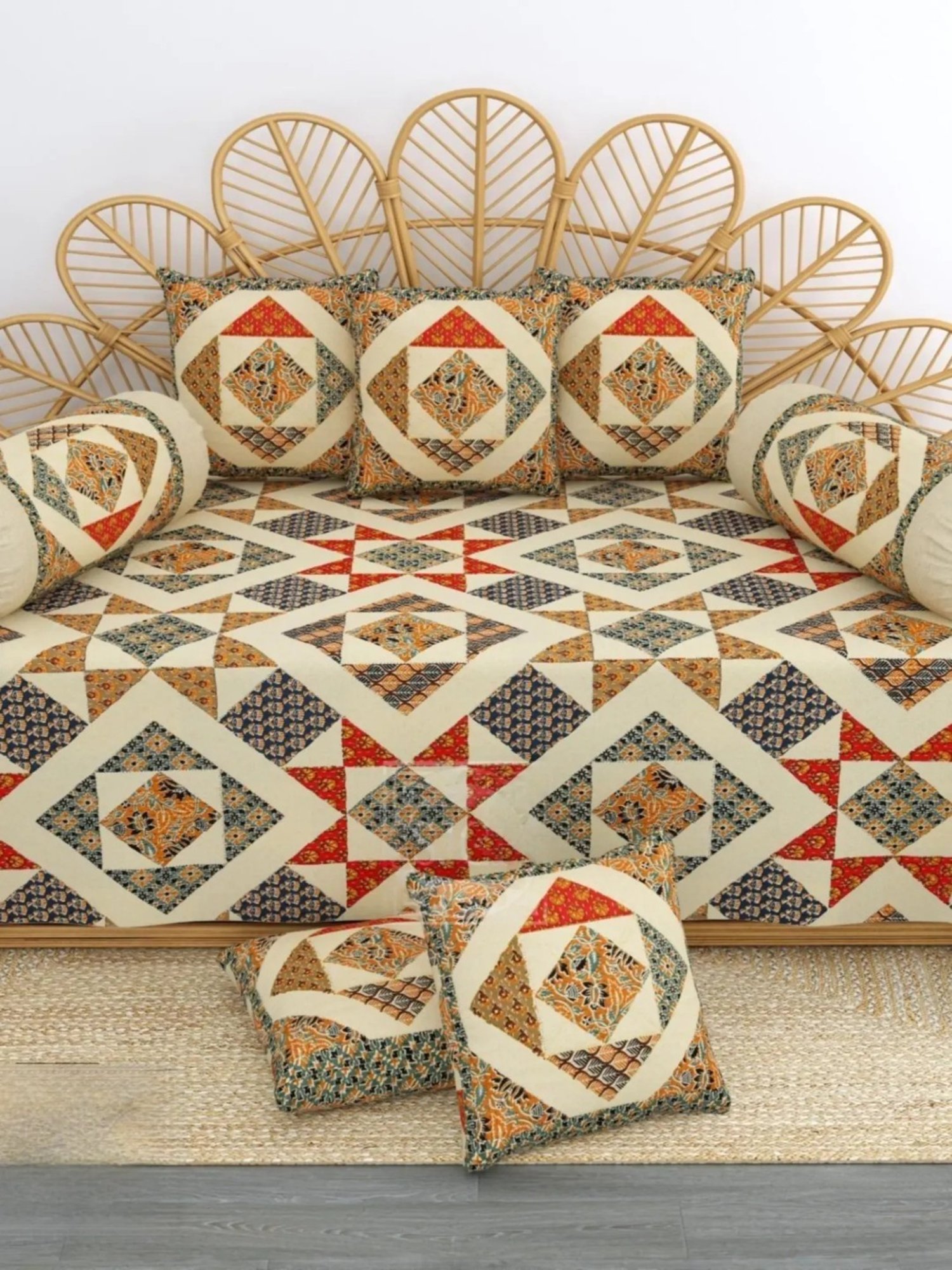 Living Roots Printed Yellow 300 TC Cotton Single Diwan - Set of 8