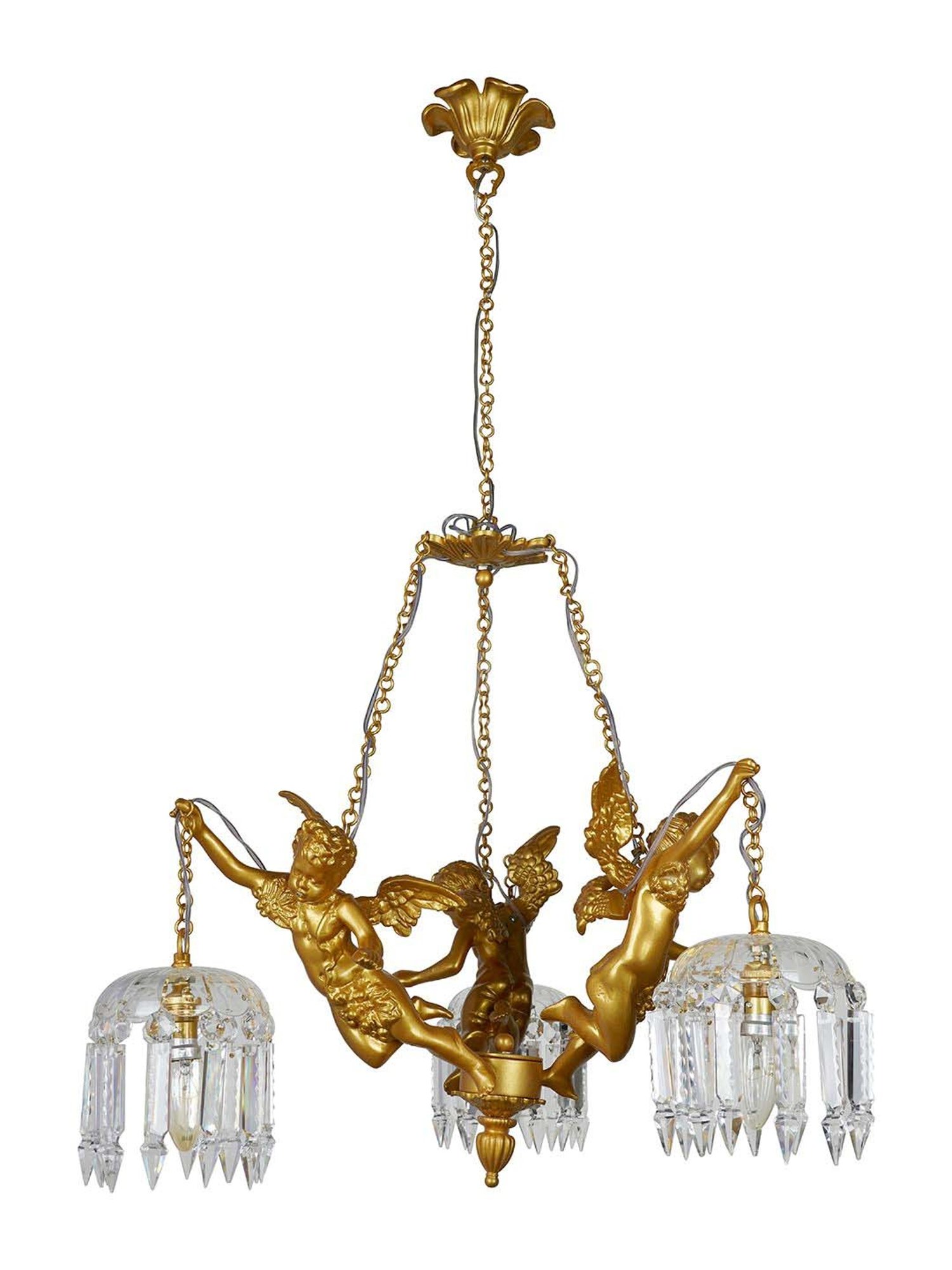 FOS LIGHTING Golden & Transparent Aluminium 3-In-1 Cherubs Chandelier With Glass Shade